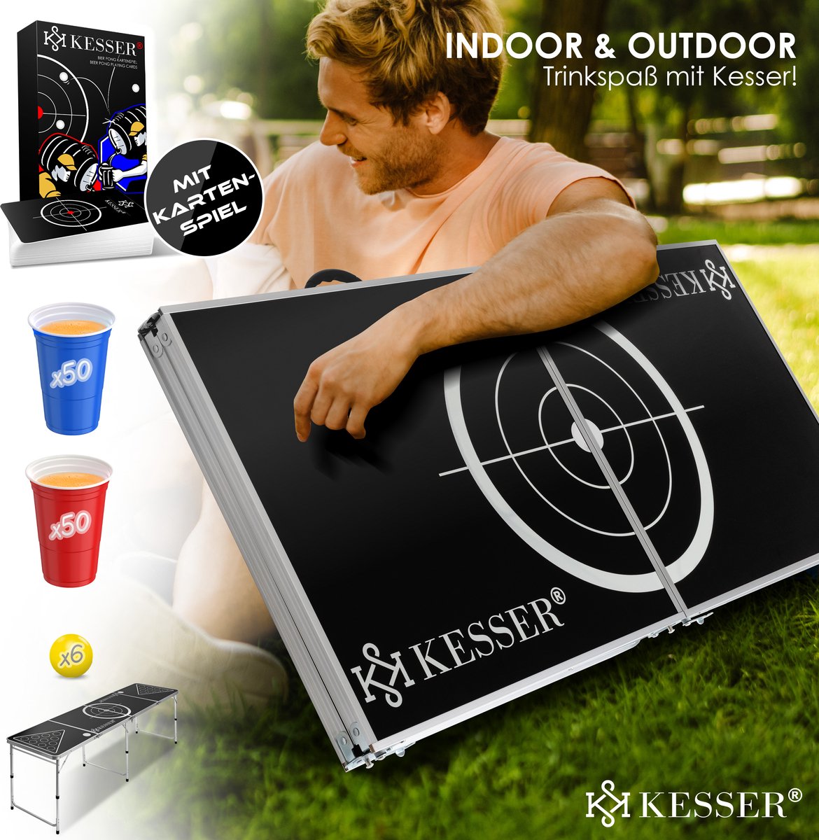 Set jeu de table Beer Pong avec de cartes - 100 gobelets inclus (50 rouges & 50 bleus) 6 balles réglable en hauteur