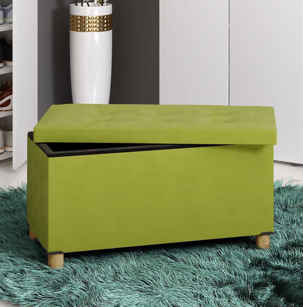 Pouf Canapé Coffre banquette rangement en tissu Vert