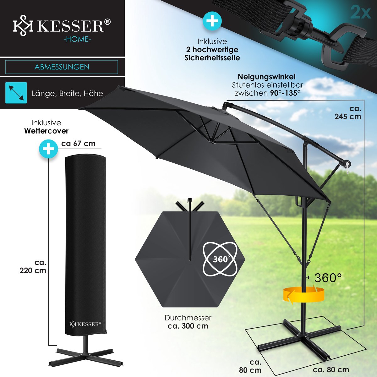 Parasol déporté avec pied 300cm x 300cm rotatif à 360° Housse de protection