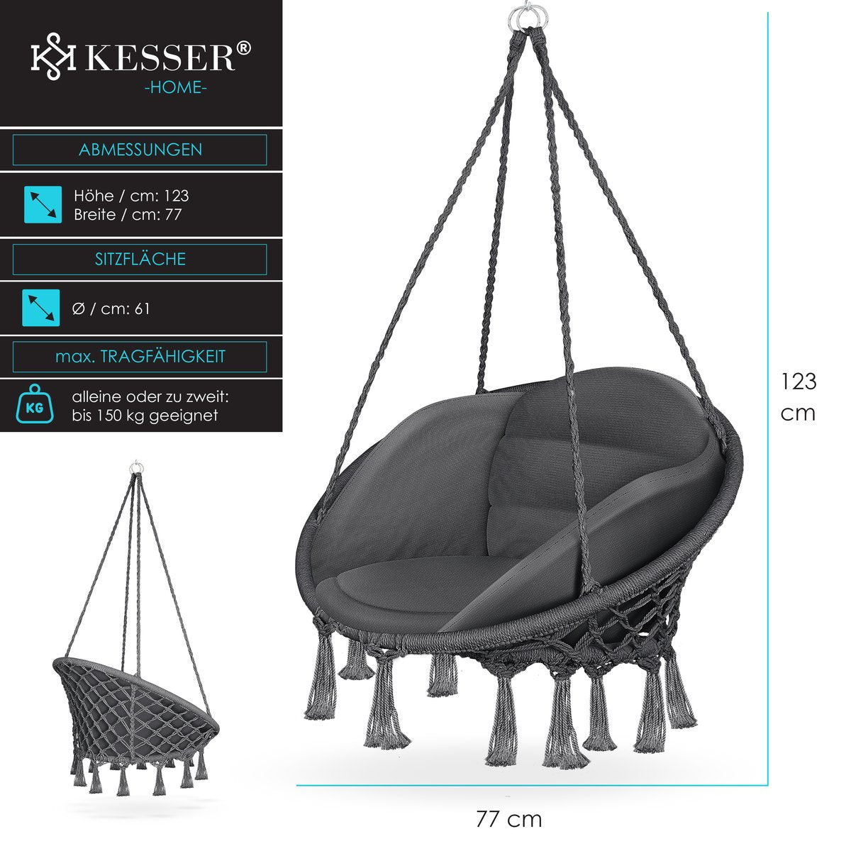 Fauteuil Chaise Suspendu avec Coussin à Suspendre charge 150 kg