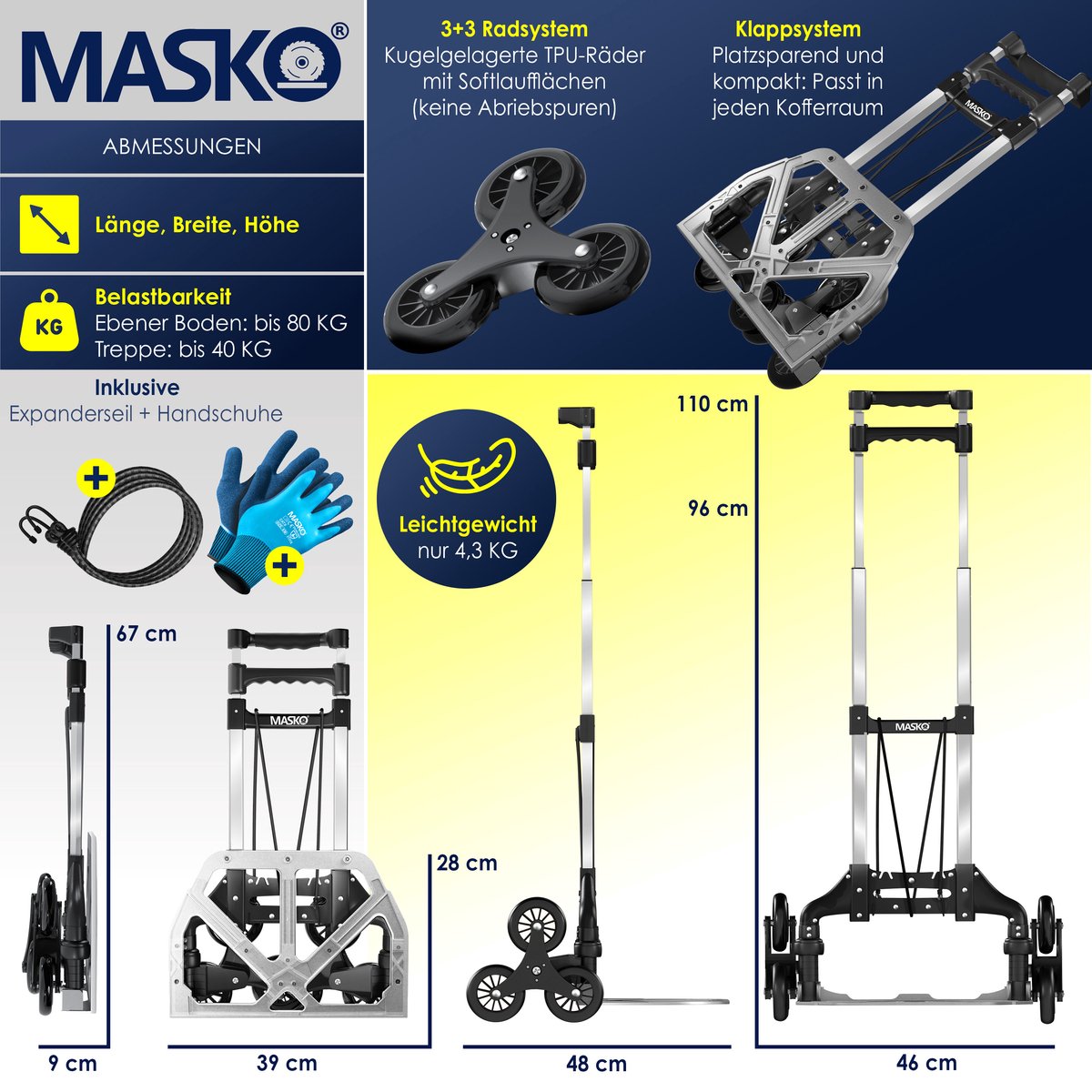 Diable escaliers pliable 80 kg + 2 cordes expansées + gants - poignée réglable