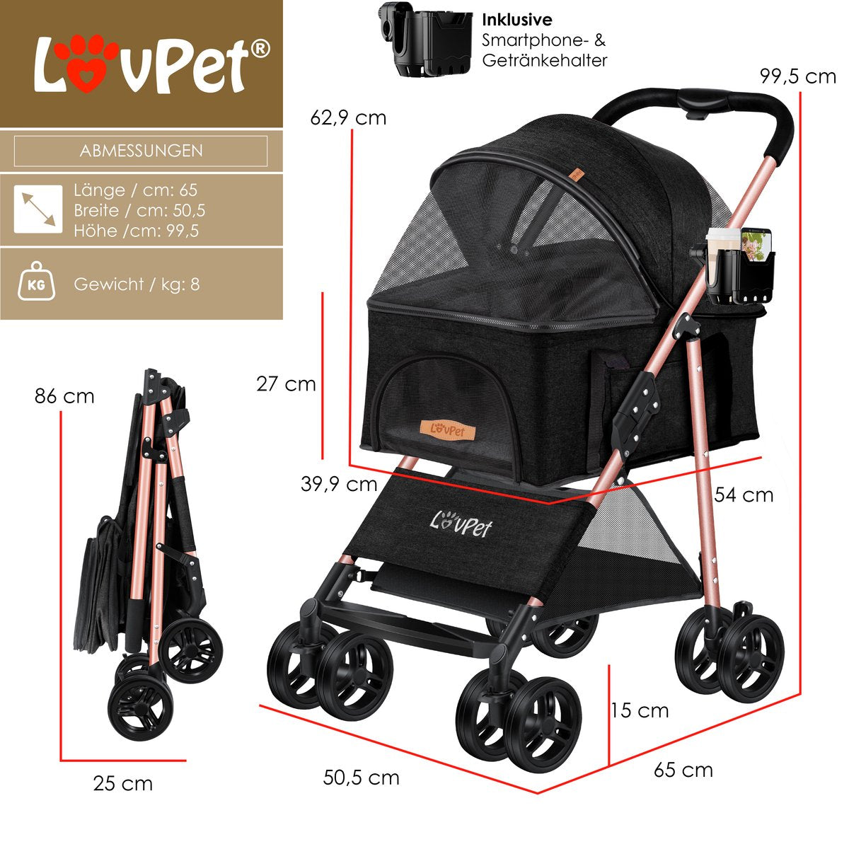 Poussette pour chien 2en1 Buggy Pliable Pliable jusqu'à 20 kg Noir