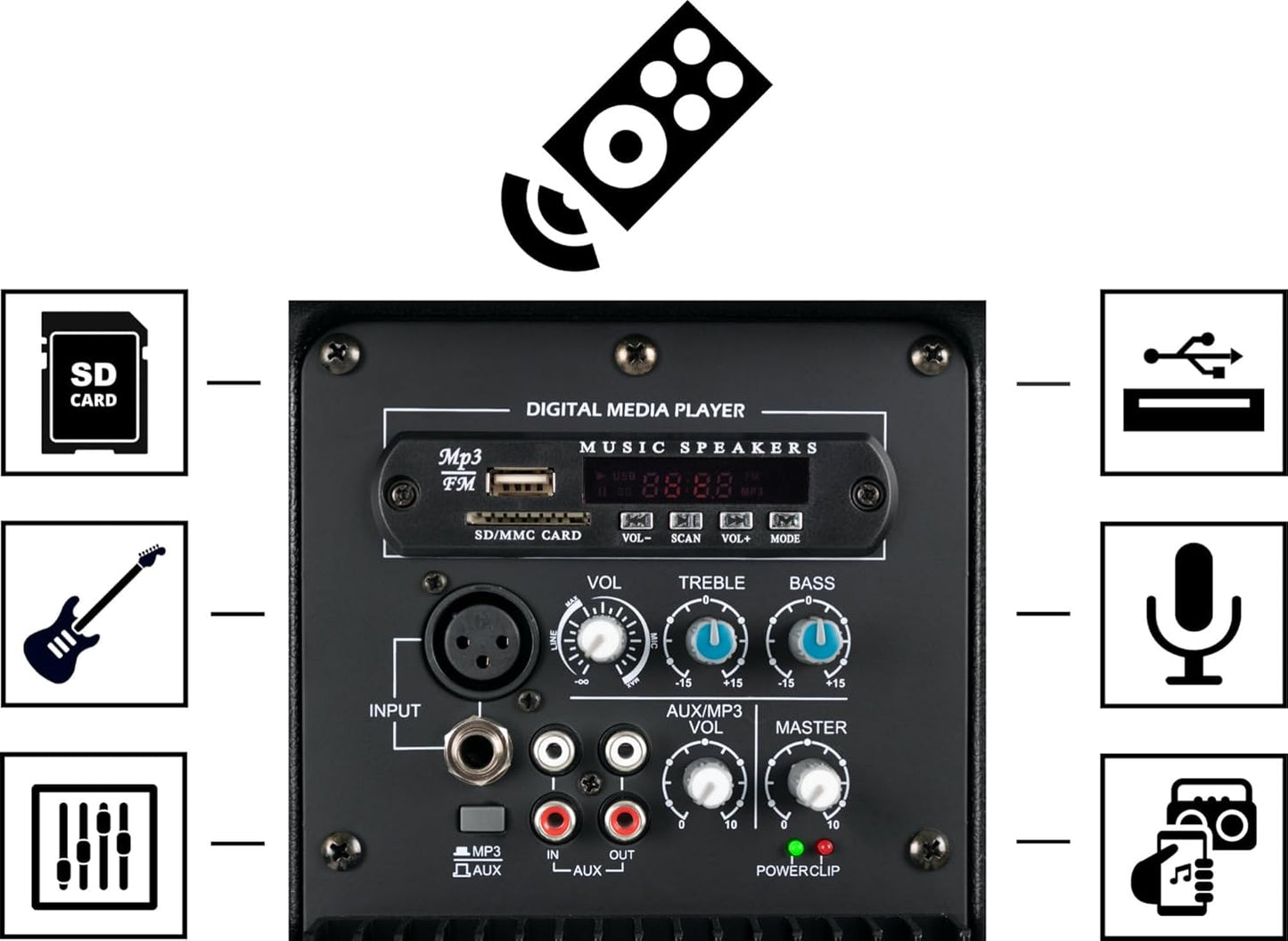Pronomic E-210 MA - Enceinte 2 Voies Active - Puissance : 100 Watts (RMS) - Woofer 10" + Compression Driver 1,0" - Récepteur Bluetooth et Lecteur MP3 avec USB/SD - Inclinaison Monitor