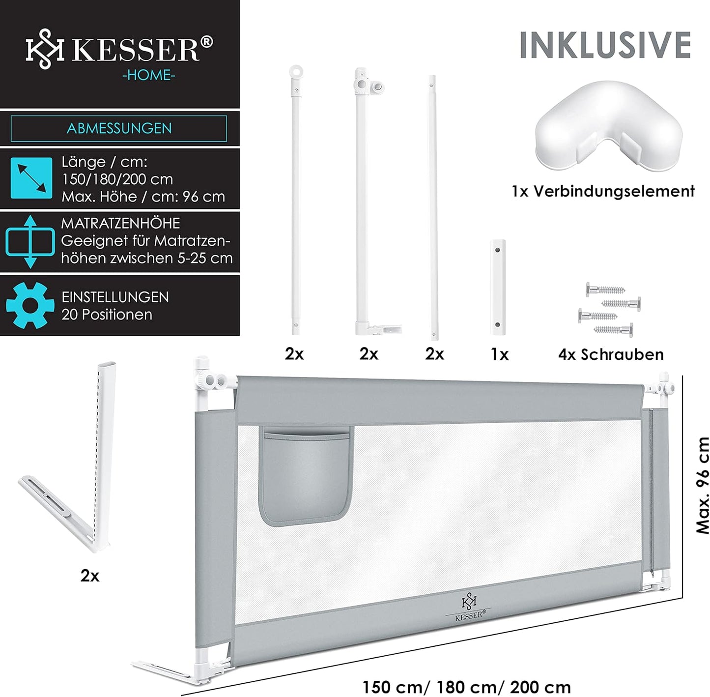 barrière de lit protection pour enfant, gris clair, 150cm