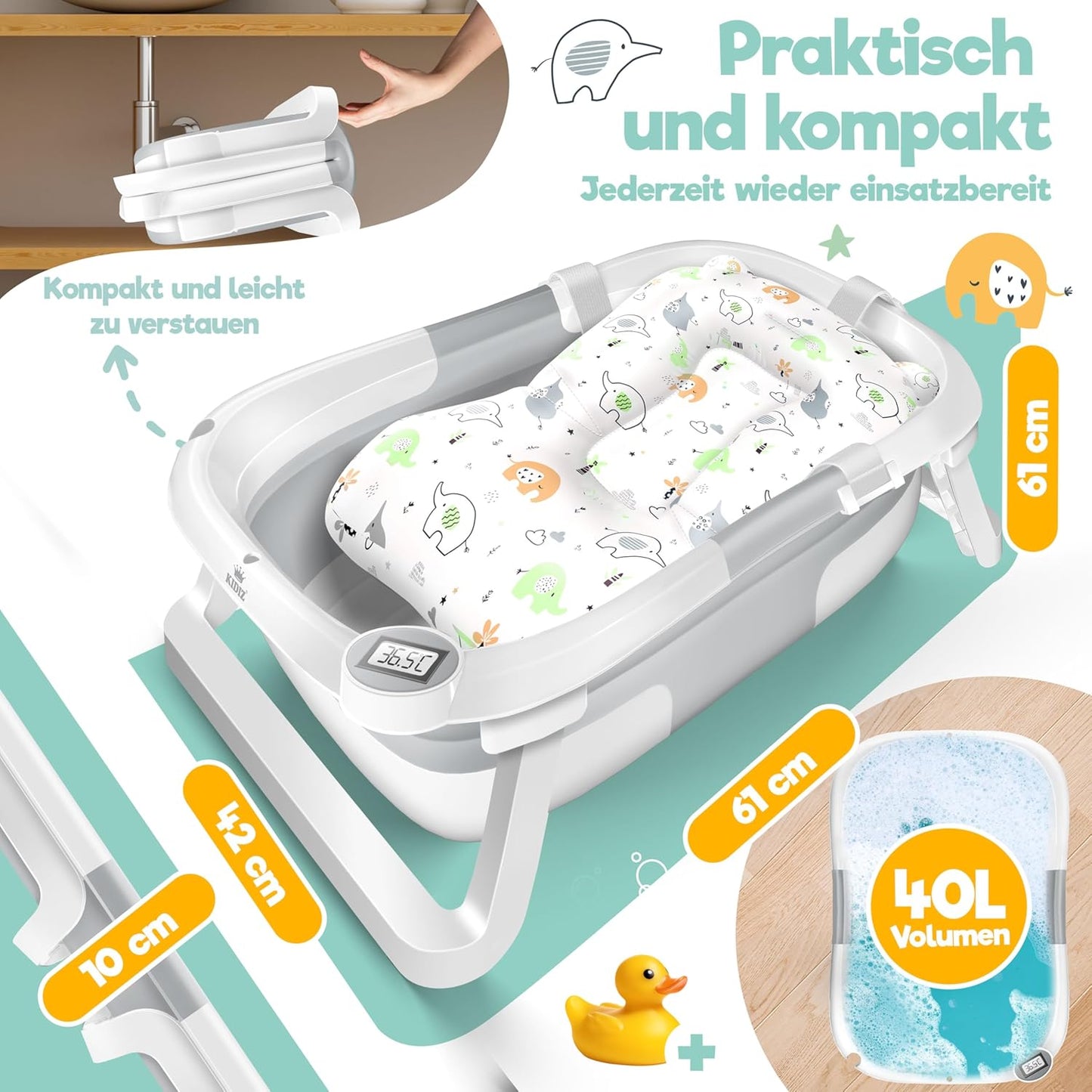 Baignoire pliable pour bébé avec thermomètre