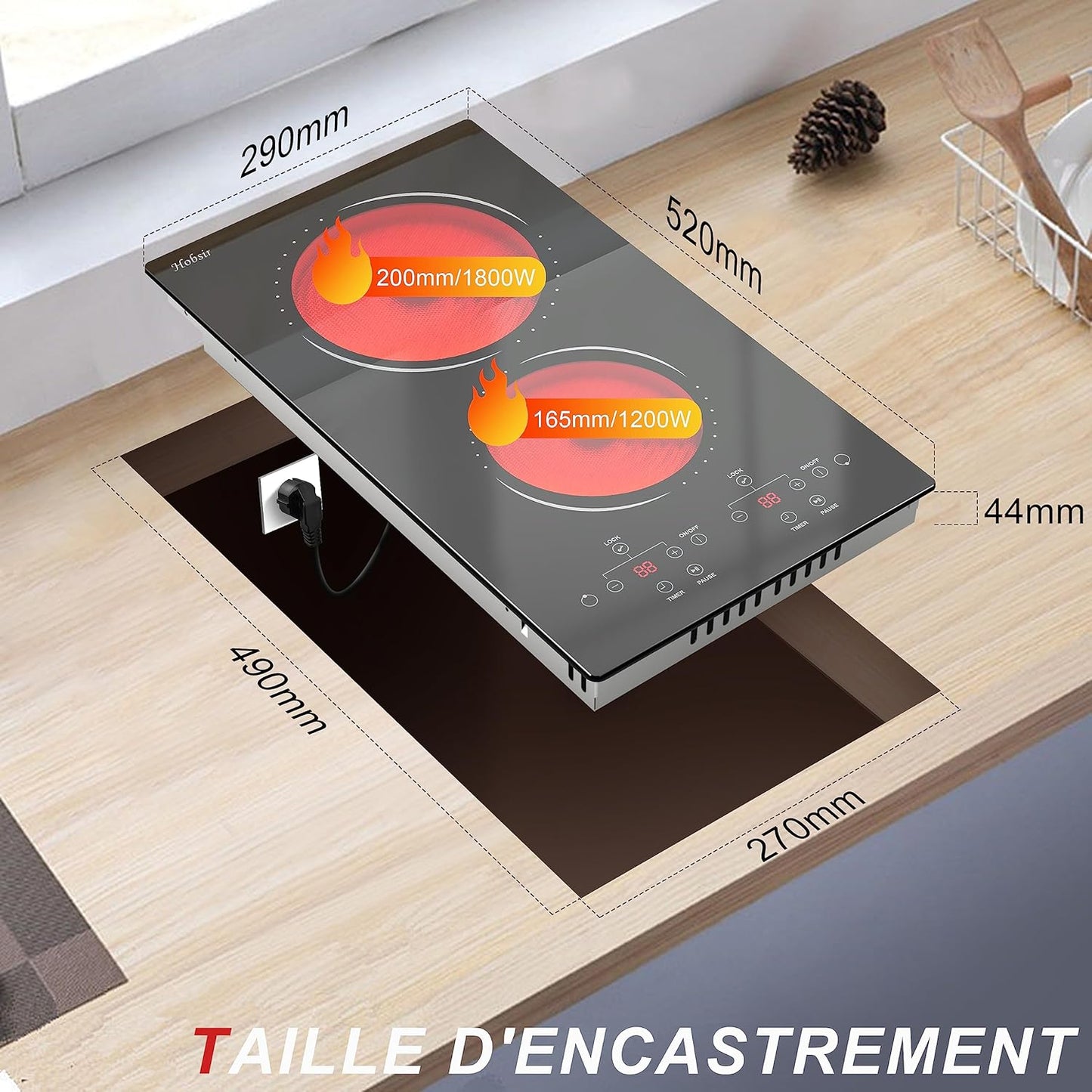 Plaque de cuisson Vitrocéramique 2 Feux avec Prise, 30cm Encastrable, 3000W, Tactile I9 Niveaux, Minuterie
