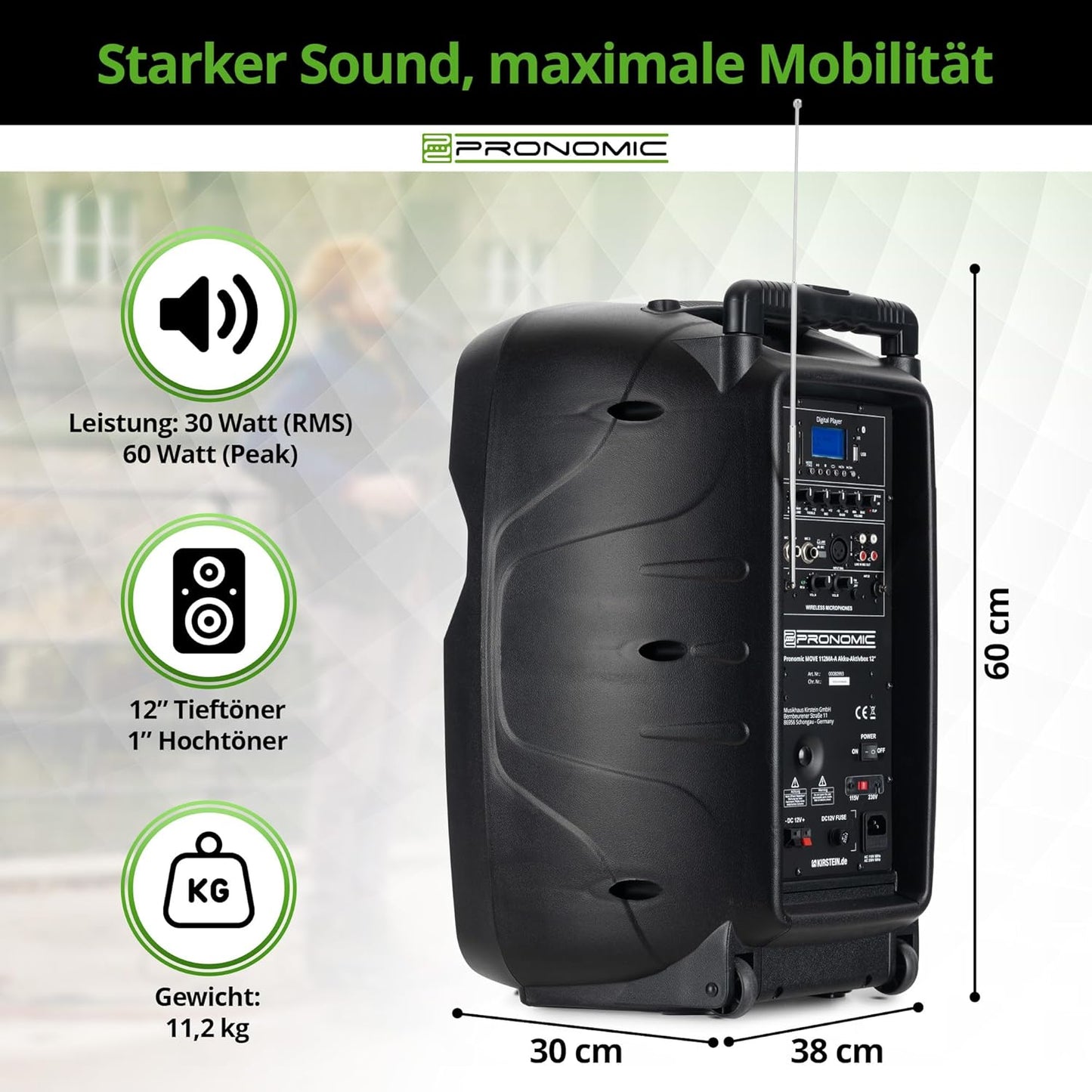 Enceinte active Système PA Mobile Bluetooth TWS - avec Batterie puissante - 30W (RMS) , Micro sans Fil, Casque et télécommande