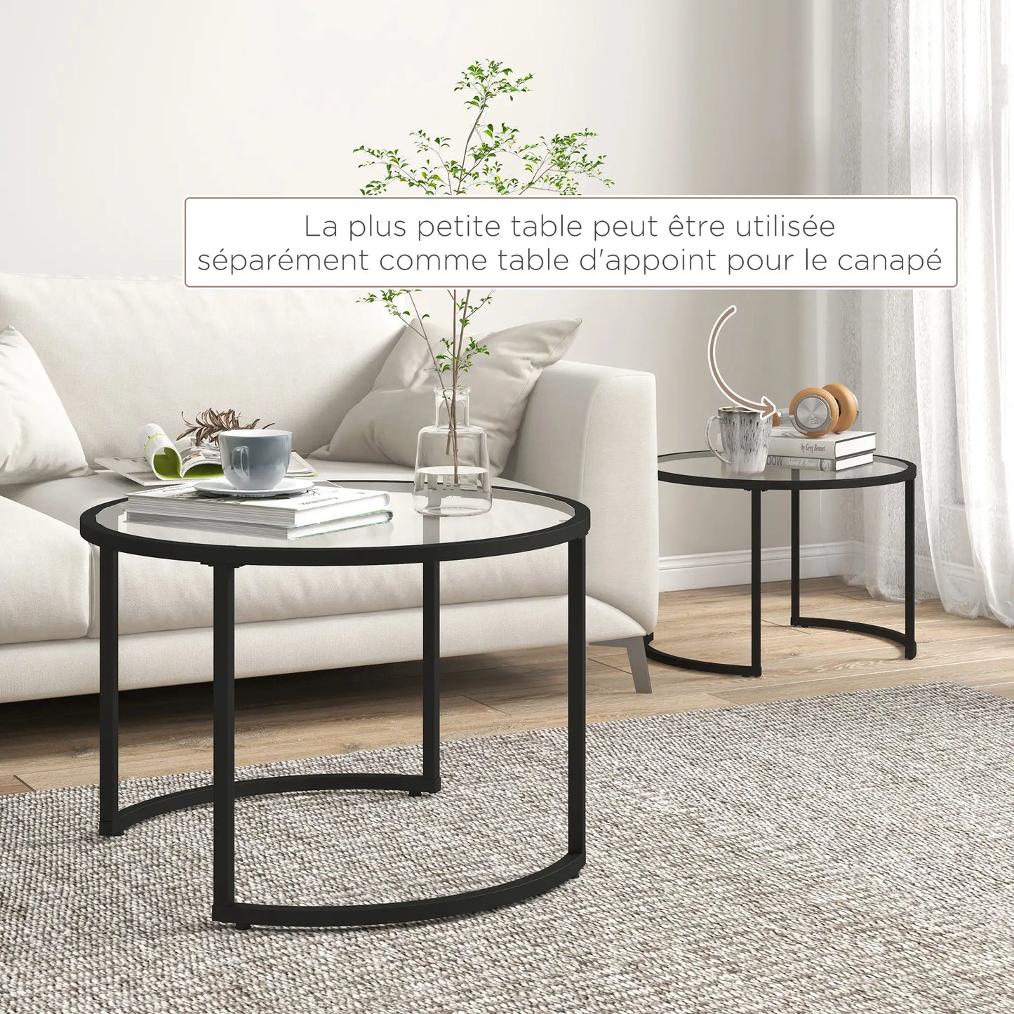 Lot de 2 Tables Basses gigognes Rondes 70/54 cm Plateau Verre trempé et Pied en Acier au Carbone Design Moderne Noir
