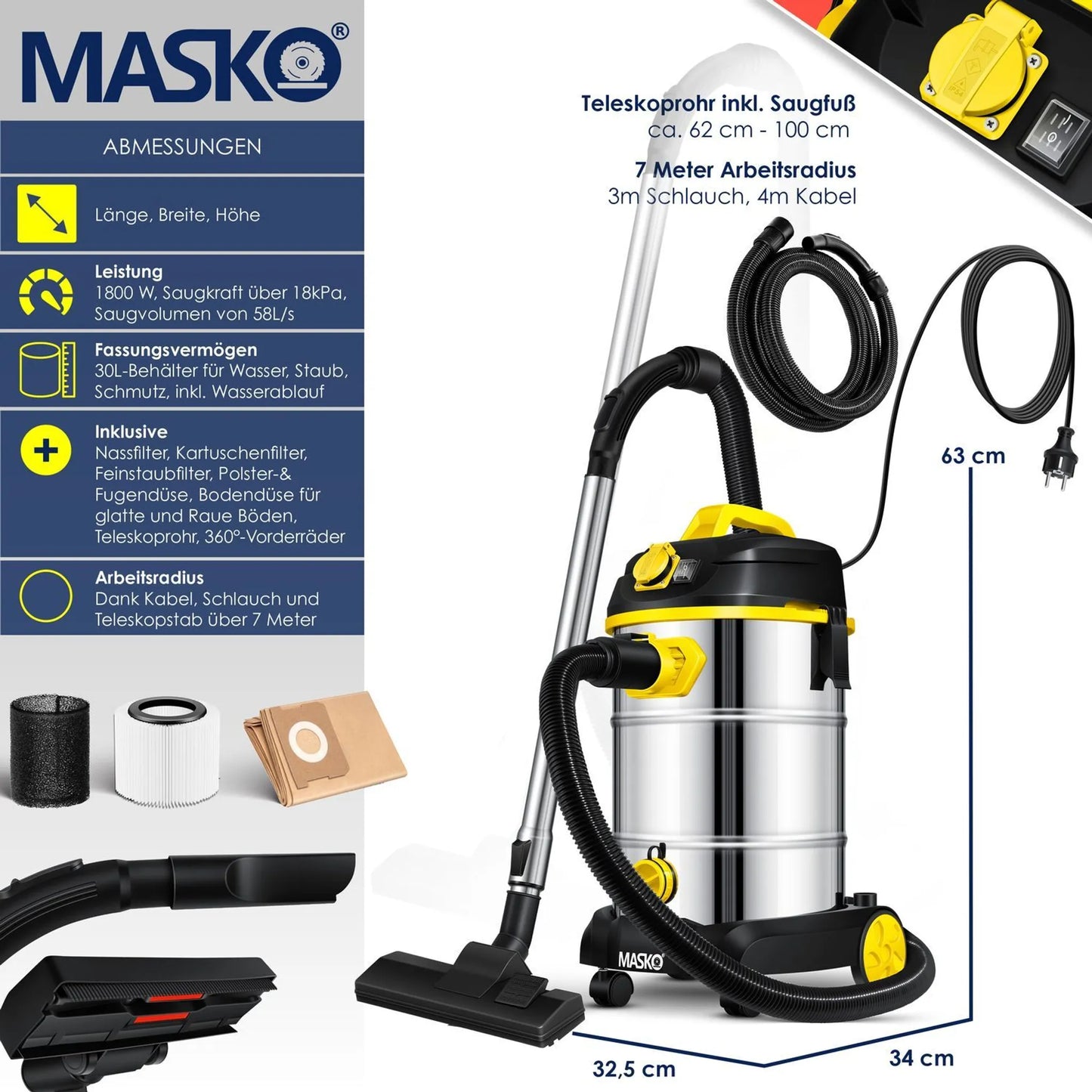 Aspirateur industriel Masko® eau et poussière en acier inoxydable max. 1800 W
