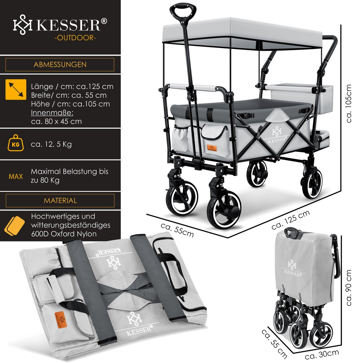 Chariot pliant G avec toit jusqu'à 80 kg de capacité de charge - Gris