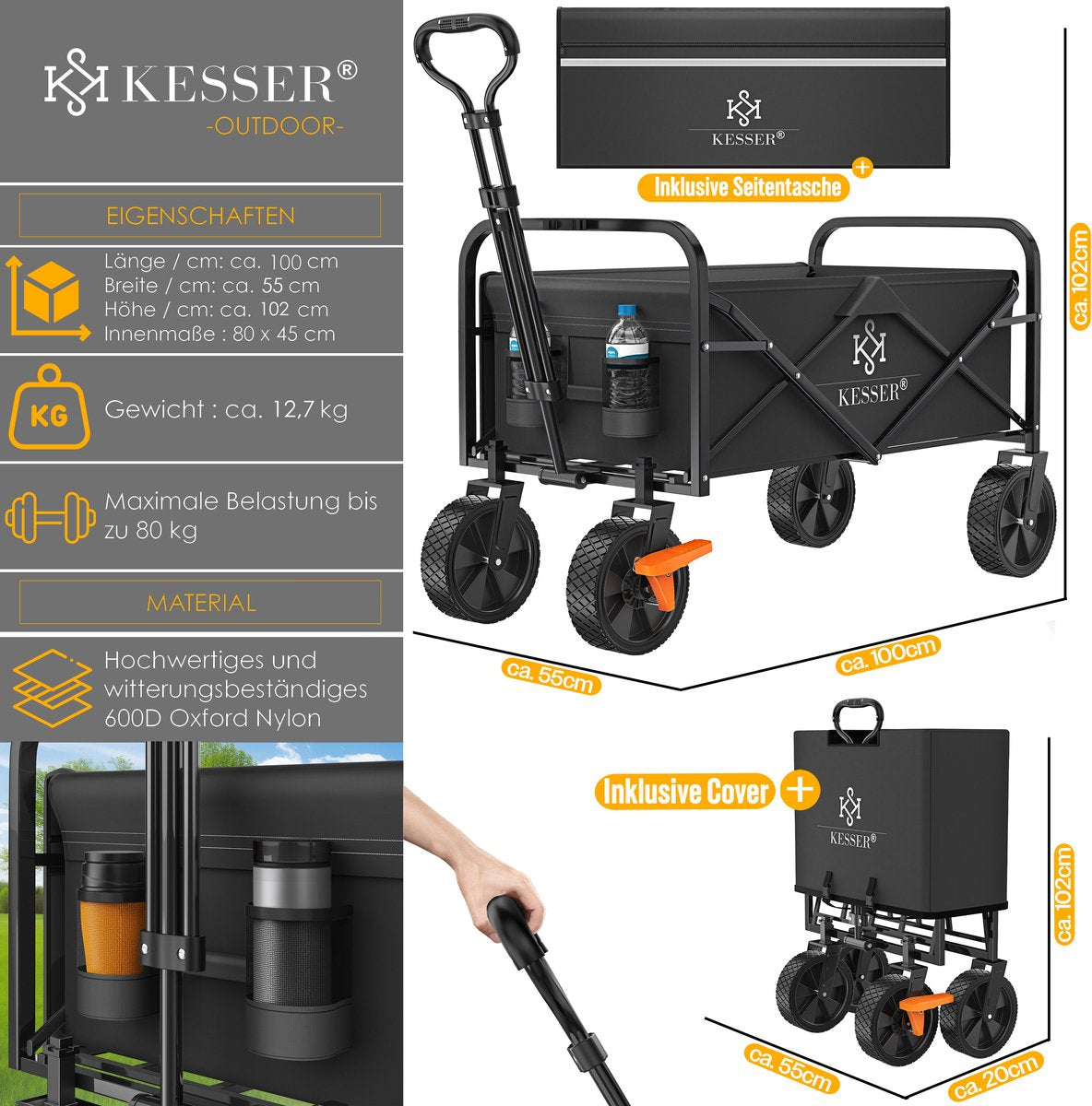 Diable pliable chariot pliable  avec 2 sacs filet Chariot de plage Pneus PVC jusqu'à 80 kg