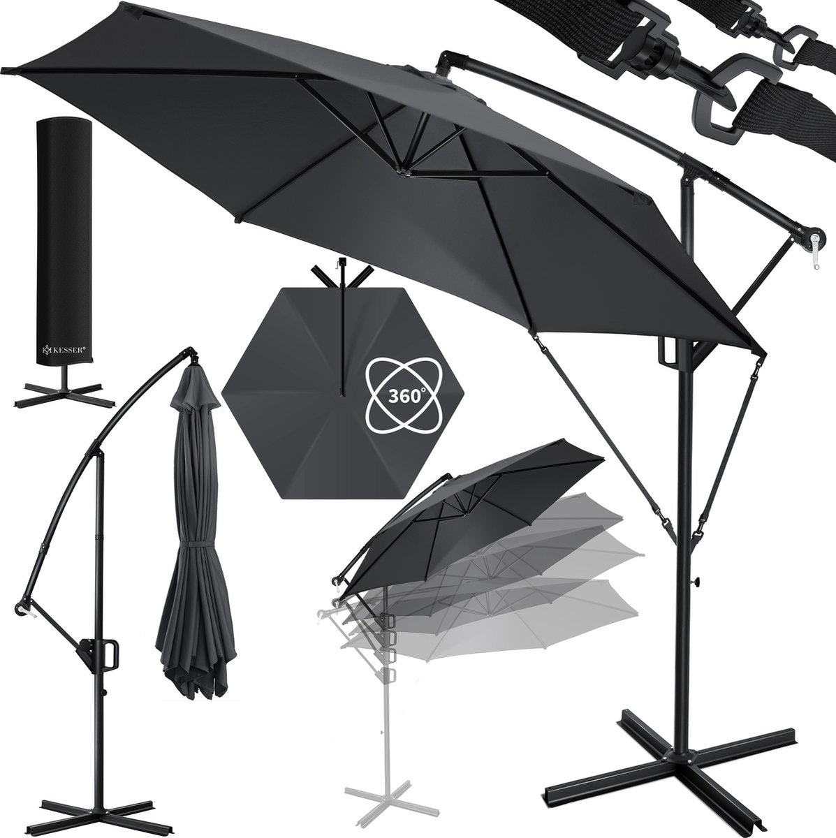 Parasol déporté  avec pied 300cm x 300cm  rotatif à 360° Housse de protection