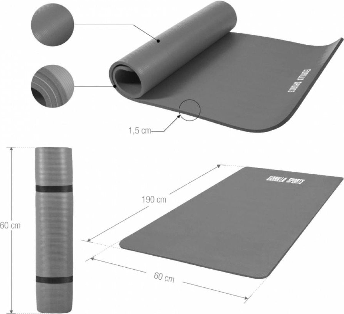 Tapis En Mousse Petit 190x60x1,5cm (yoga - Pilates - Sport À Domicle) Gris