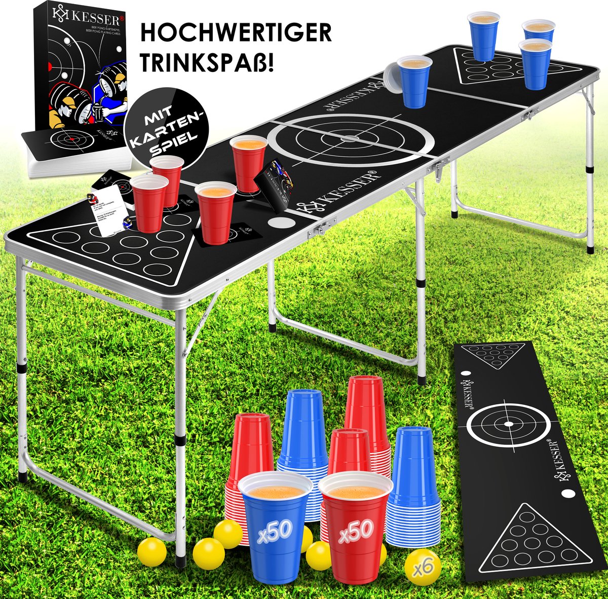 Set jeu de table Beer Pong avec de cartes - 100 gobelets inclus (50 rouges & 50 bleus) 6 balles  réglable en hauteur