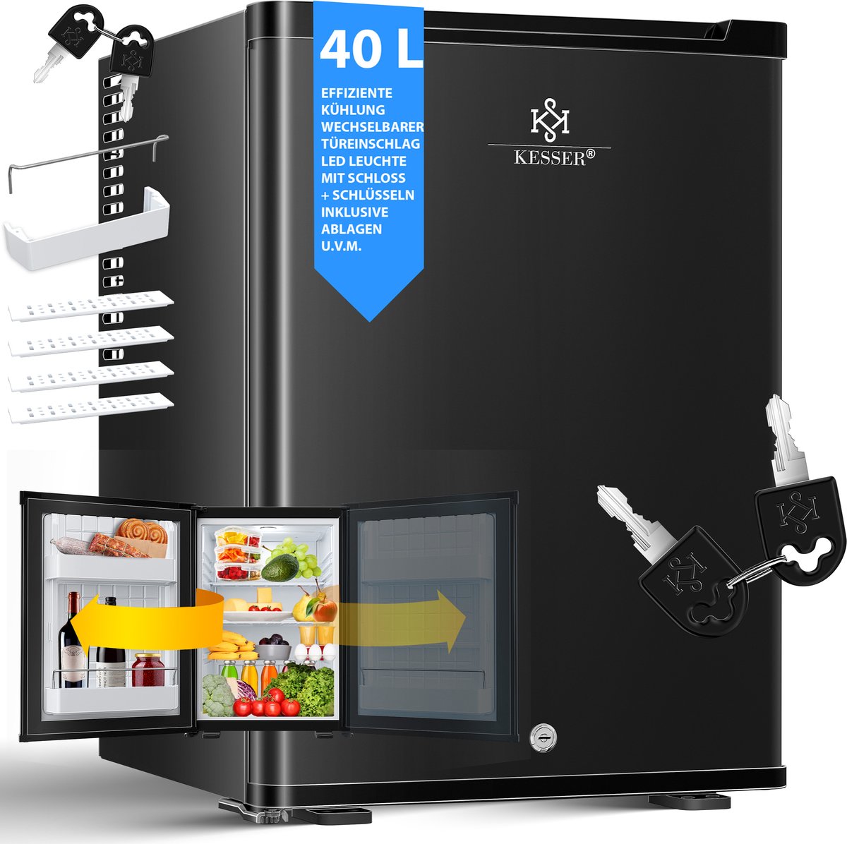Mini-réfrigérateur  frigo avec serrure Minibar 40 litres Verrouillable  env. 4°-16°C Noir