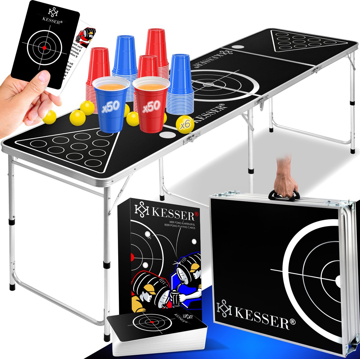 Set jeu de table Beer Pong avec de cartes - 100 gobelets inclus (50 rouges & 50 bleus) 6 balles  réglable en hauteur