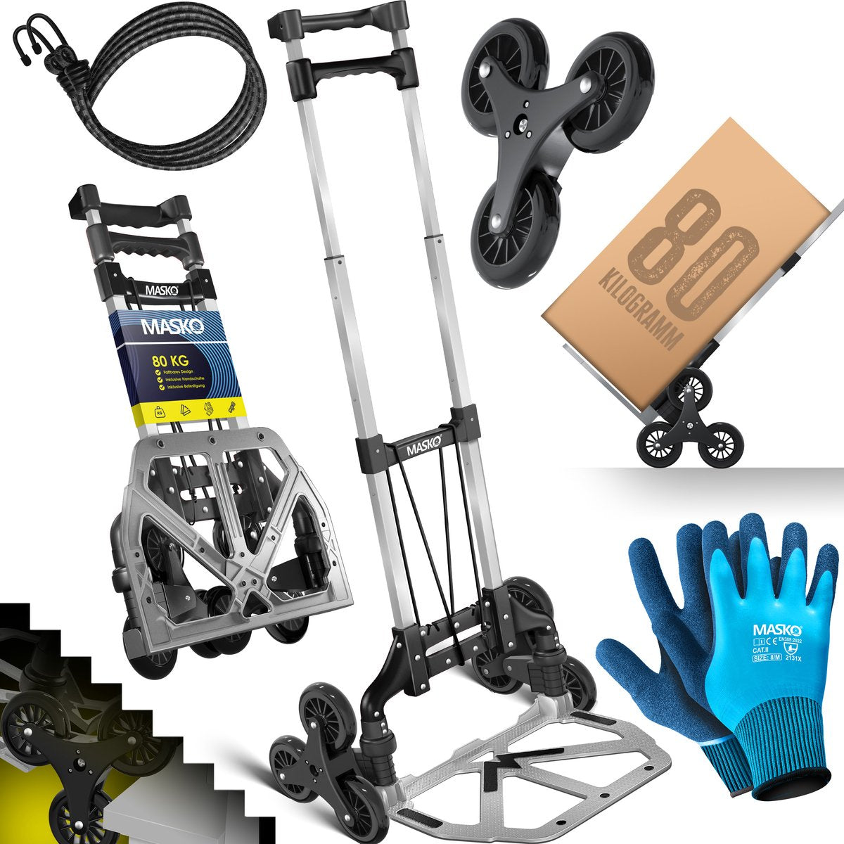 Diable  escaliers pliable 80 kg + 2 cordes expansées + gants - poignée réglable