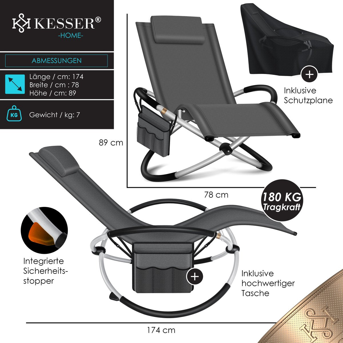 Chaise longue de jardin  à bascule Capacité de charge de 180 kg  174x78x89cm