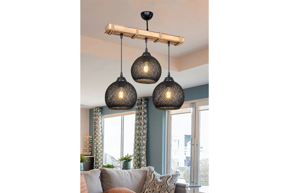 Suspension luminaire plafonnier fiona ε27 noir-naturel 50x20x63cm