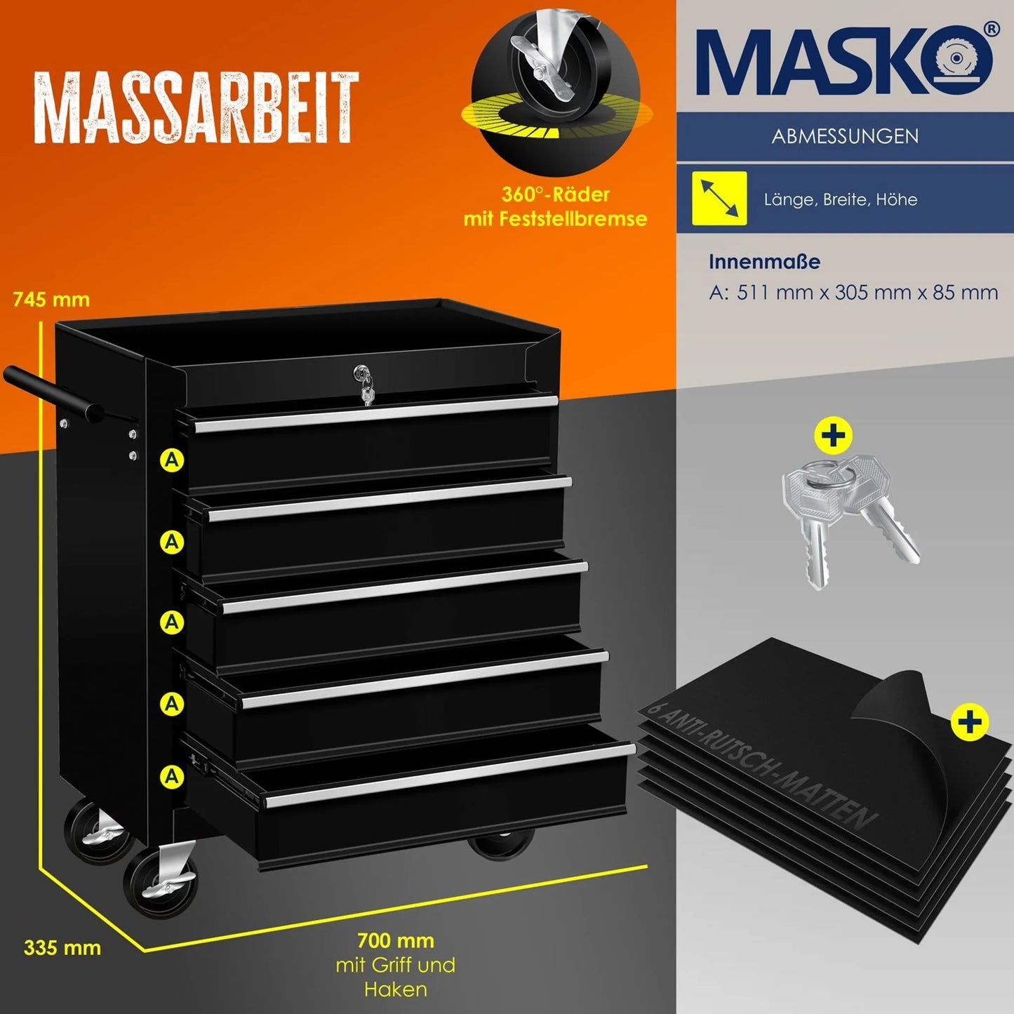 Chariot d'atelier Chariot d'outillage Caisse à outils Compartiments Toolbox Tool-Box 5 compartiments Noir