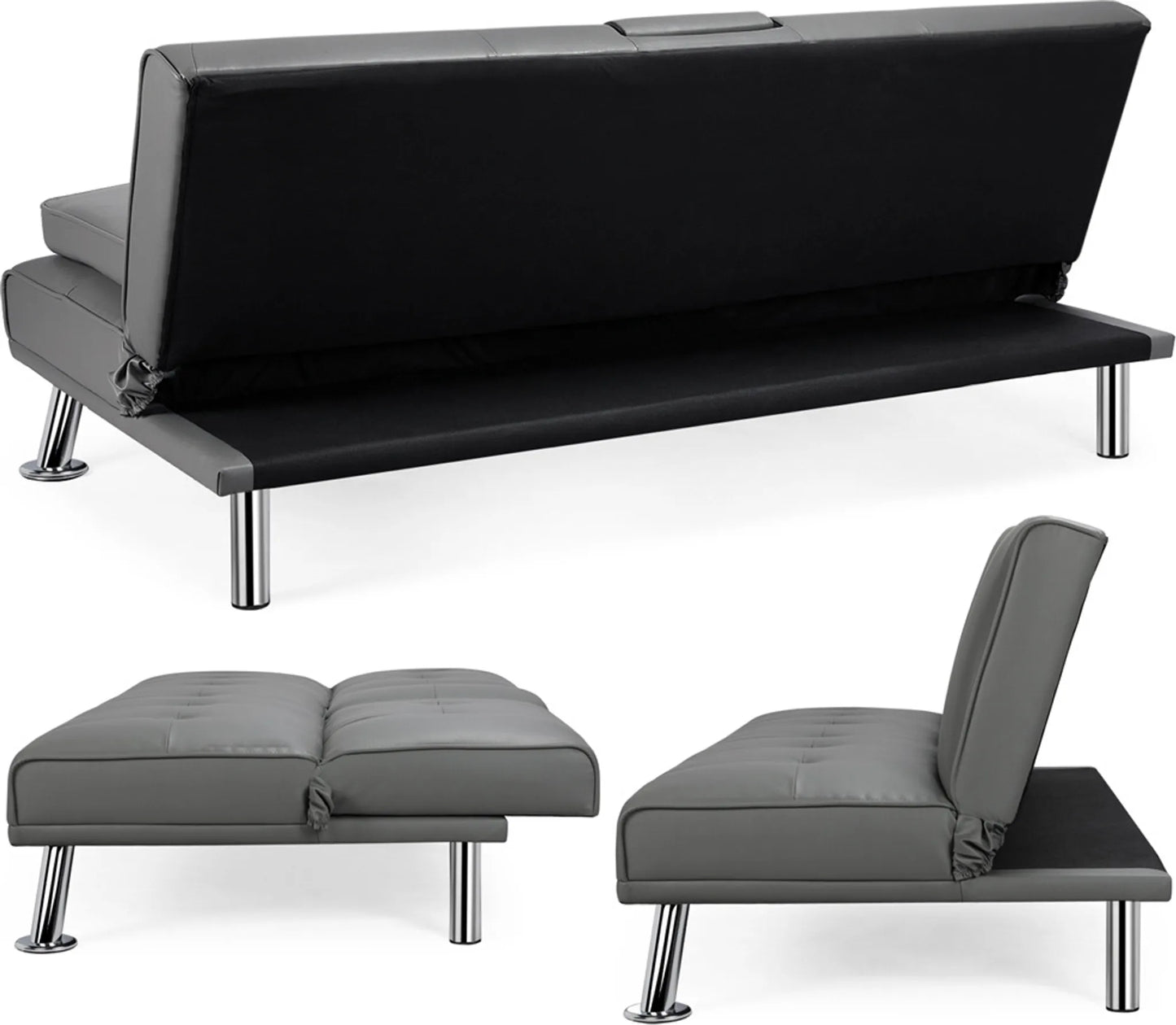 Canapé lit 3 places en similicuir gris 167x81,5x75 cm avec accoudoir rabattable