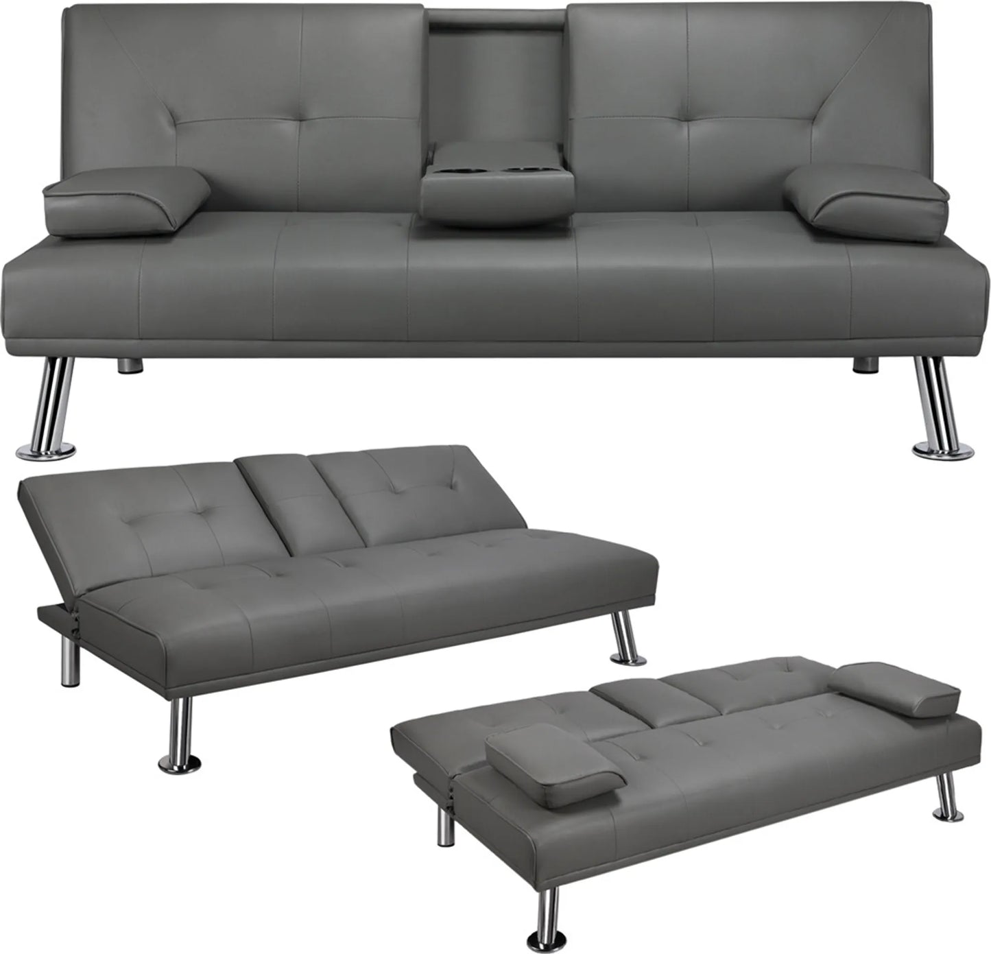 Canapé lit 3 places en similicuir gris 167x81,5x75 cm avec accoudoir rabattable