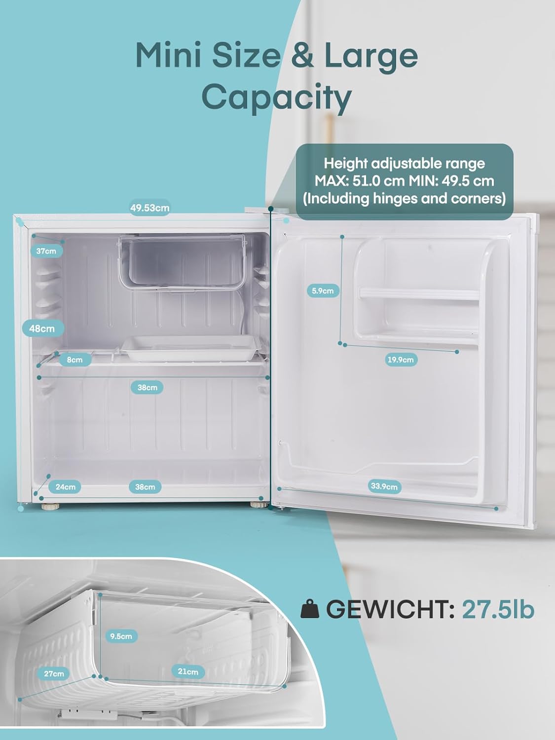 Mini  Frigo Réfrigérateur 46L.Avec Congélateur, Porte Réversible Blanc