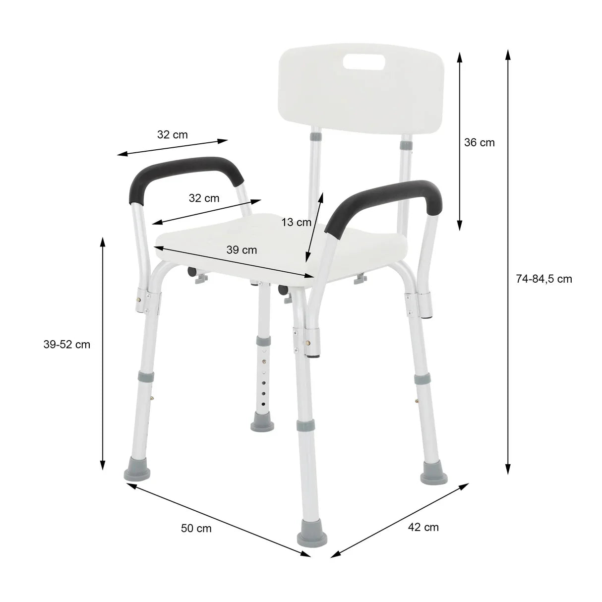 Chaise de douche avec dossier et accoudoirs, antidérapante, réglable en hauteur 6 niveaux