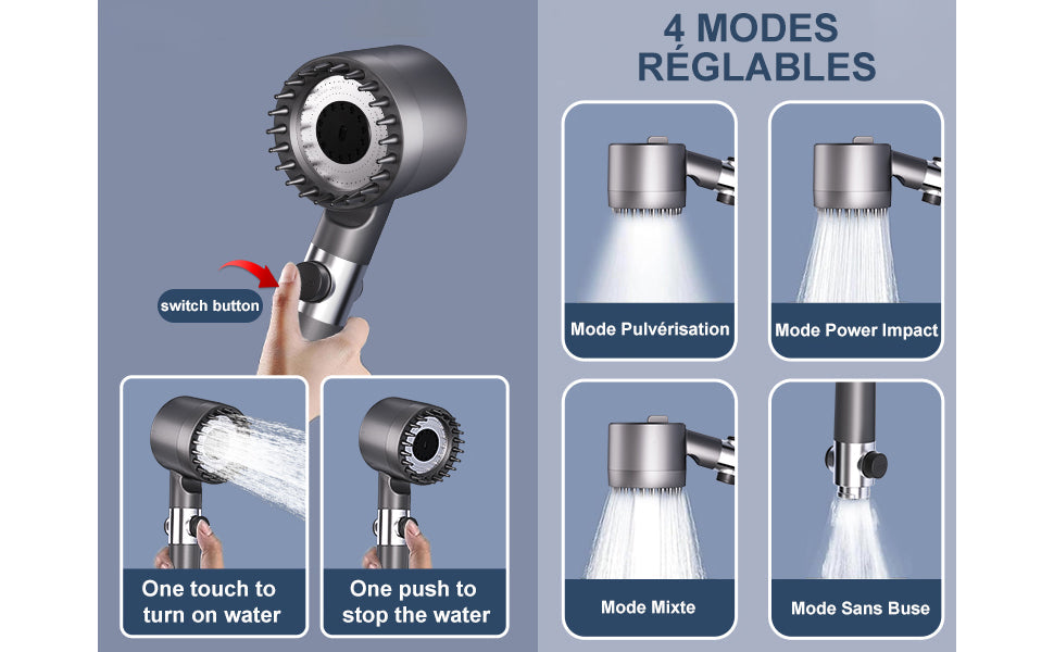 Pommeau de Douche massage Haute Pression Economiseur d'eau filtre Anti Calcaire  1.5M + Support