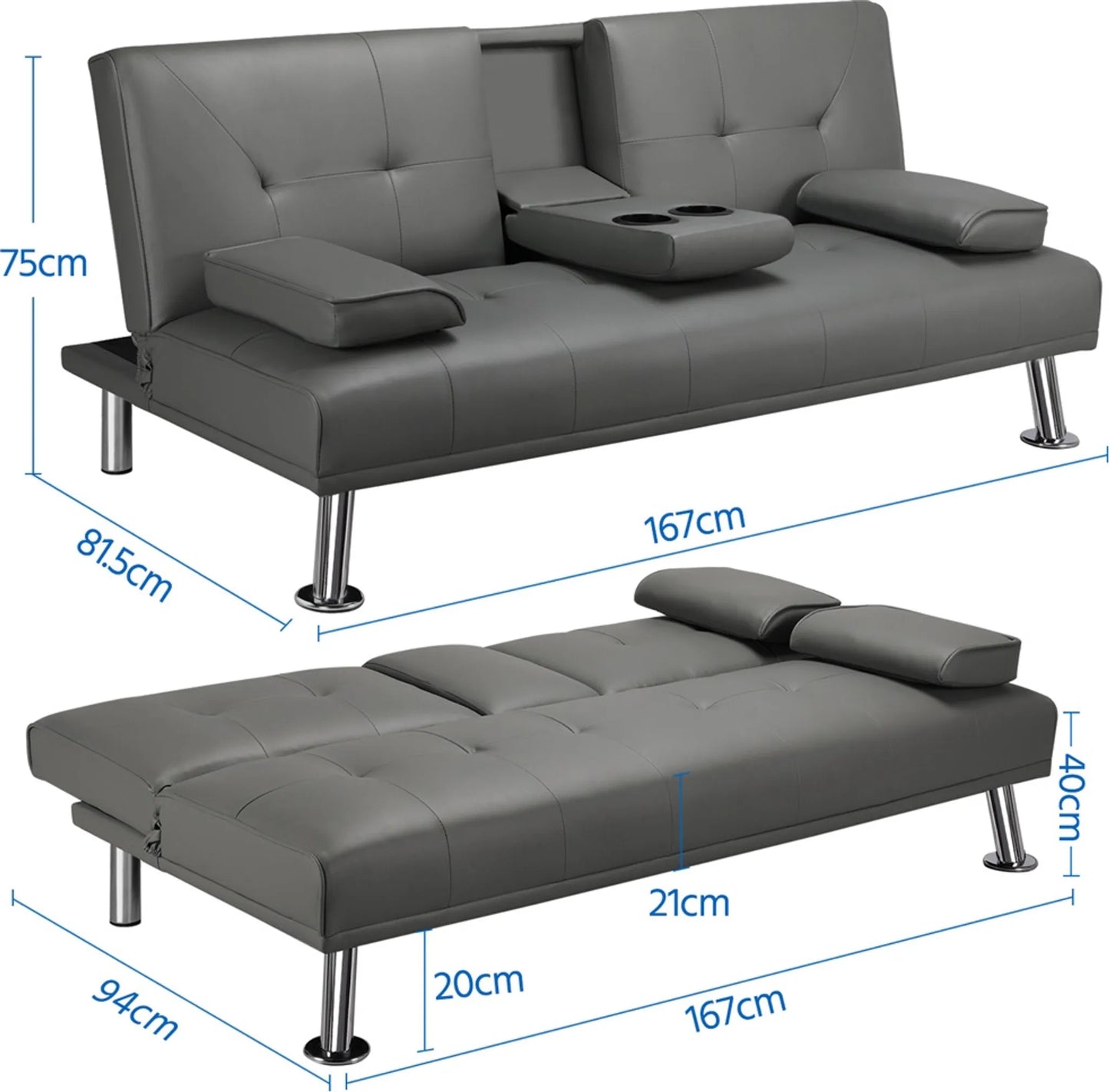 Canapé lit 3 places en similicuir gris 167x81,5x75 cm avec accoudoir rabattable