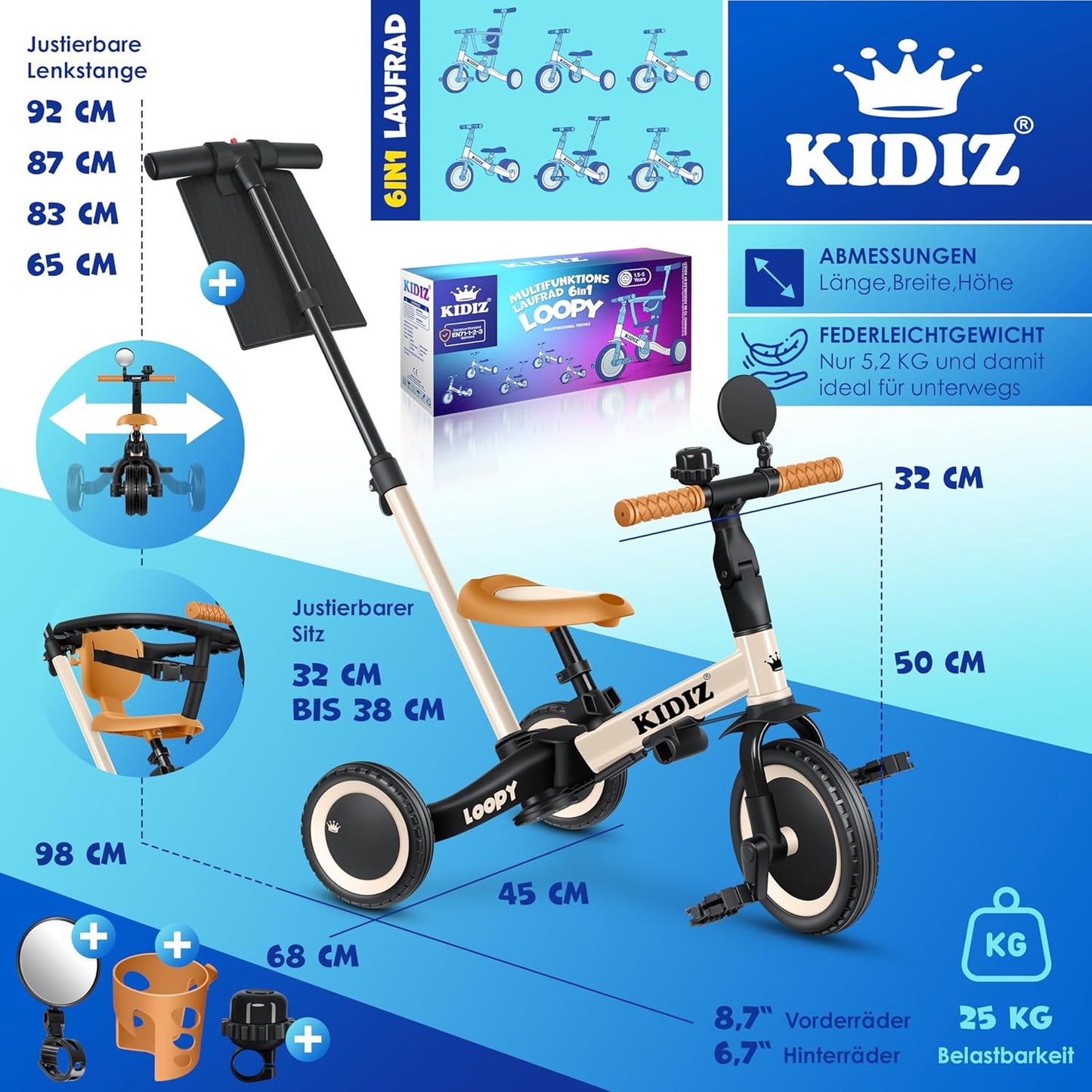 Tricycle 6 en 1 velo pour enfants jusqu'à 25 kg