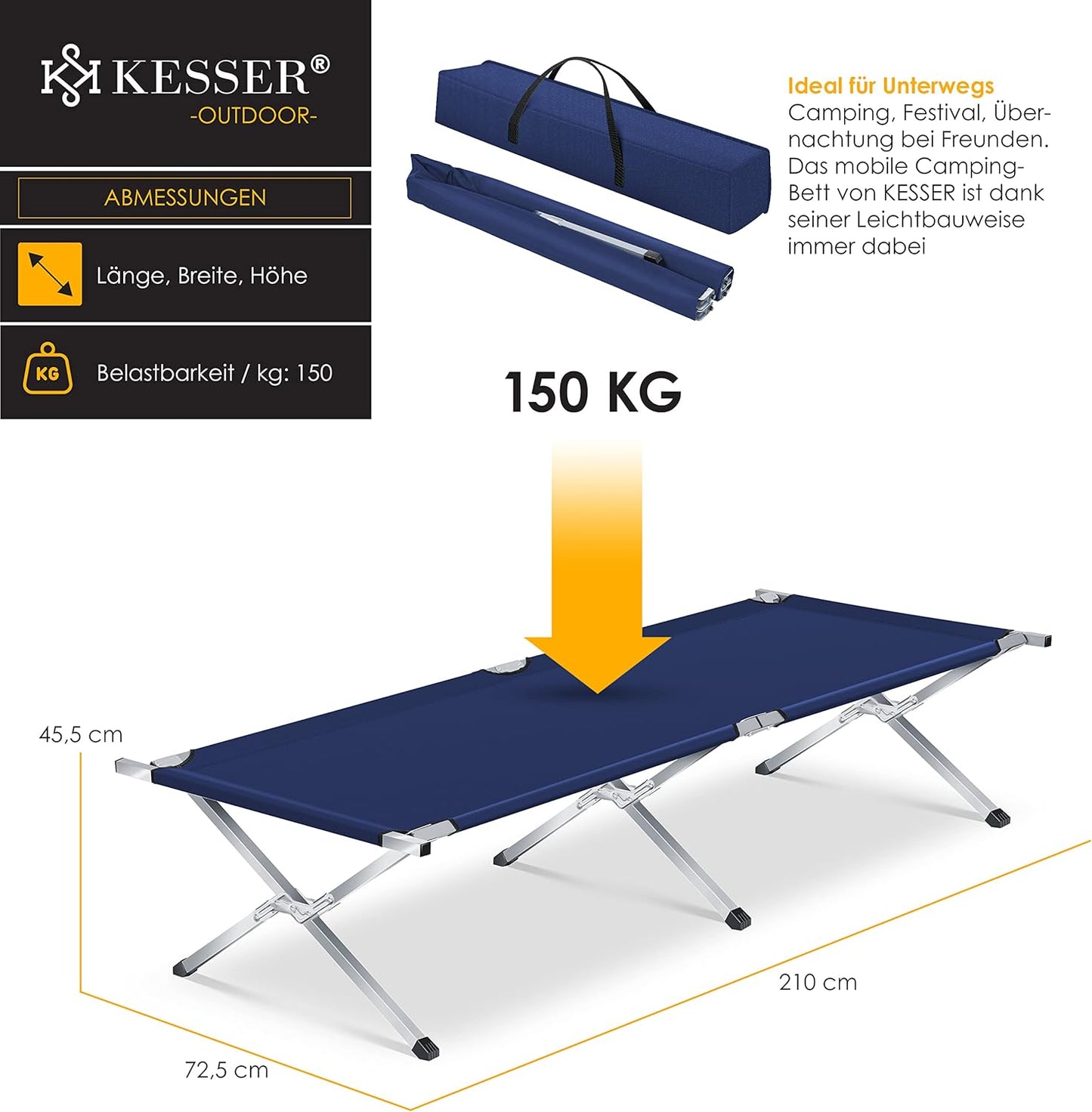 Lit de camping pliant avec sac de transport  150 kg - Tube en métal 600D