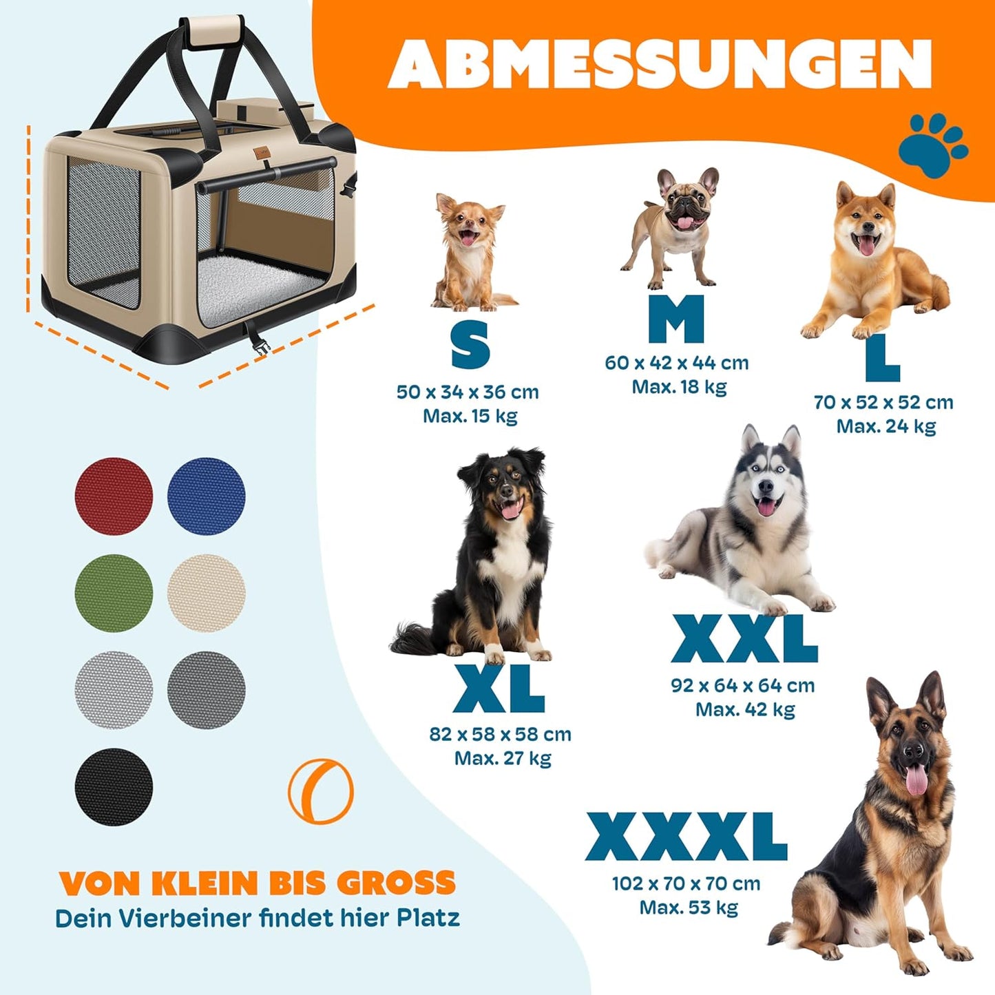 Caisse de Transport pour Chien Pliable avec écuelle Animaux domestiques, Chiens et Chats, Beige, XXXL