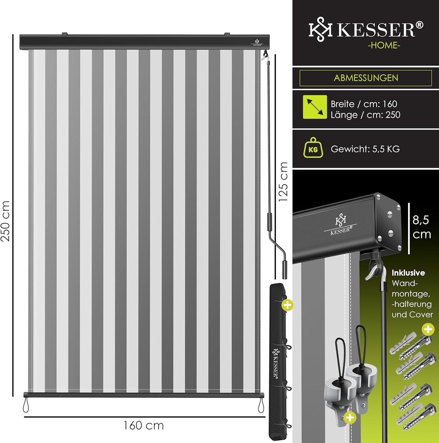 Store vertical 160 x 250 cm  Mécanisme à manivelle  balcon - Protection solaire et brise-vue