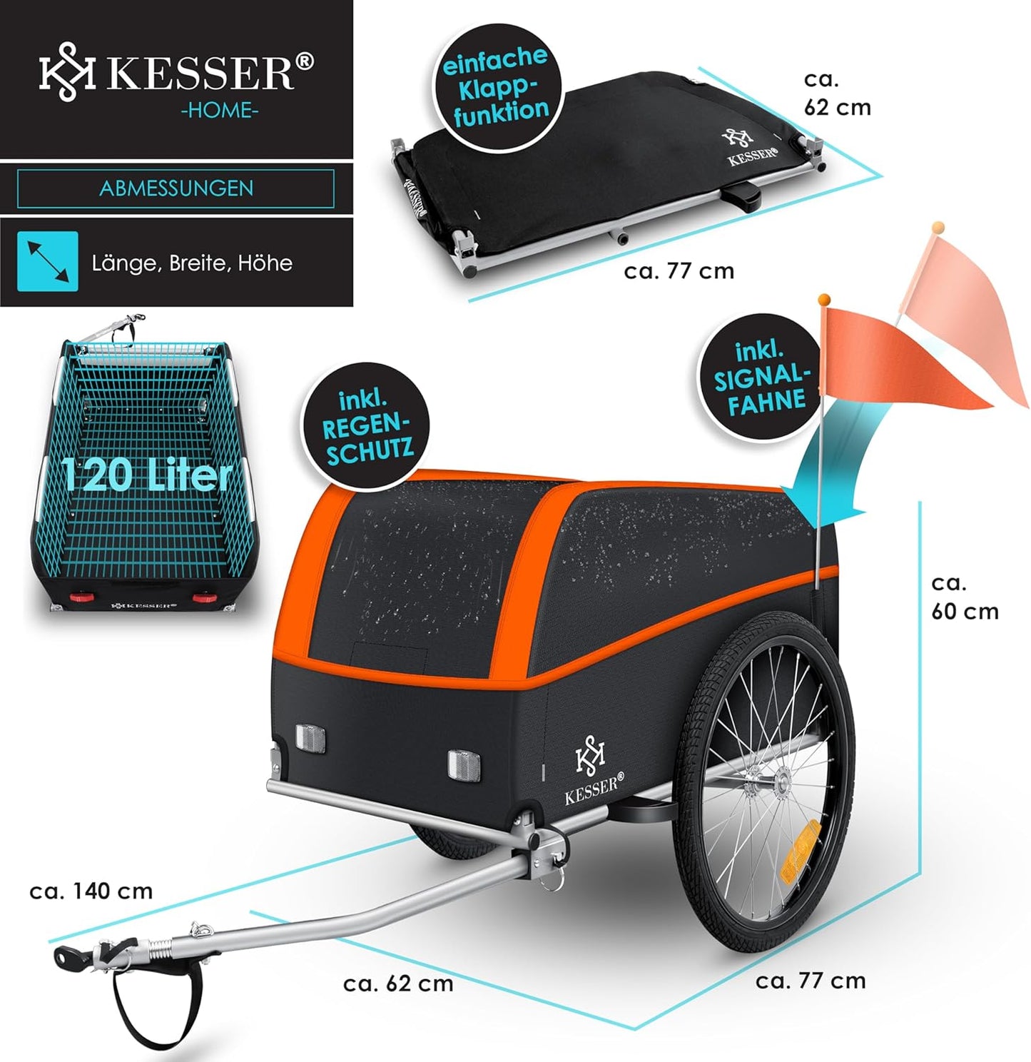 Remorque vélo Haut avec attelage Couvercle Inclus  120 litres Max. 40 kg