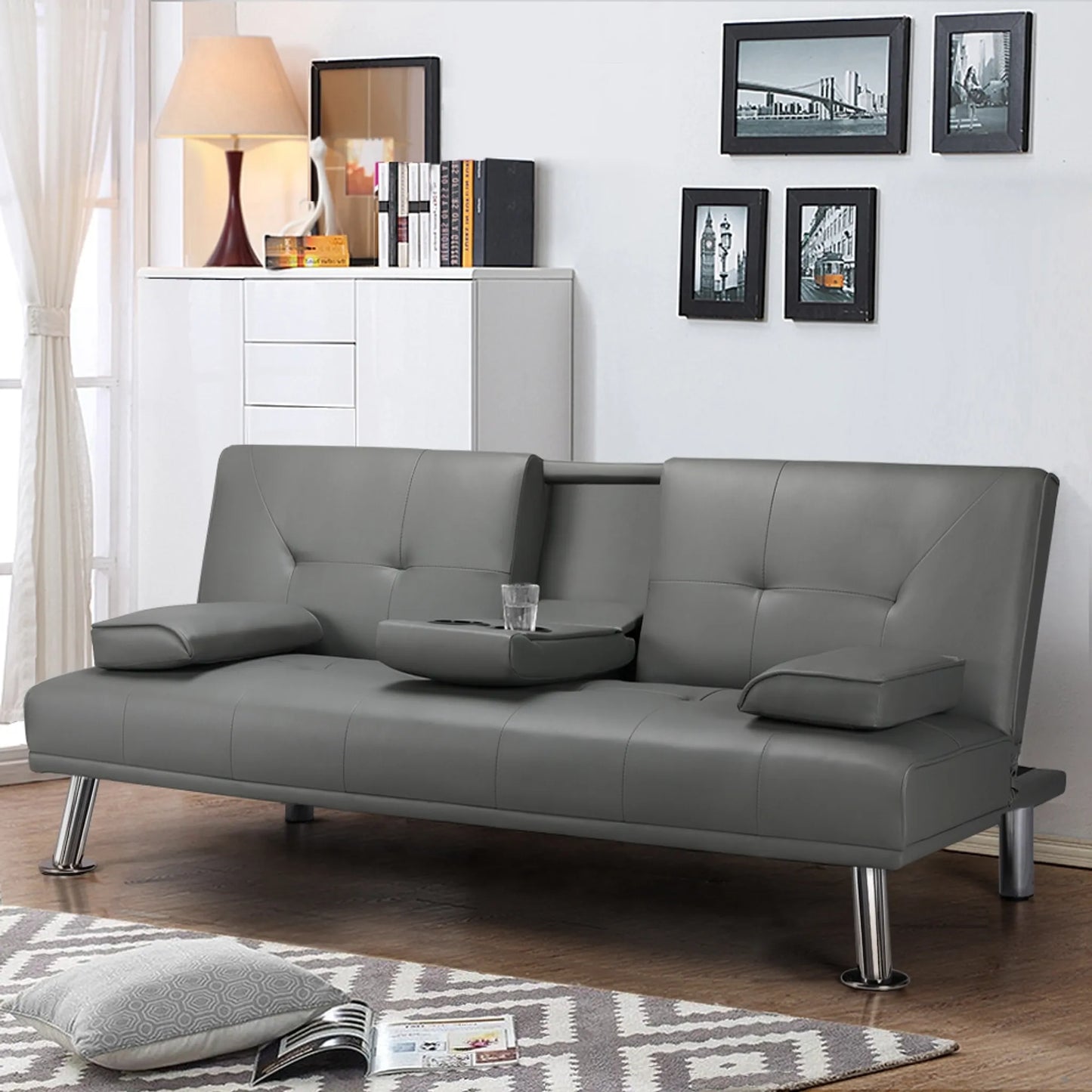 Canapé lit 3 places en similicuir gris 167x81,5x75 cm avec accoudoir rabattable