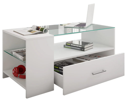 Table basse en bois Tindala» avec tiroir blanche  H. 45 x L. 100 x P. 50 cm