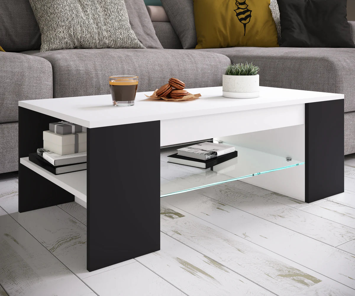 Table basse en bois avec tablette en verre