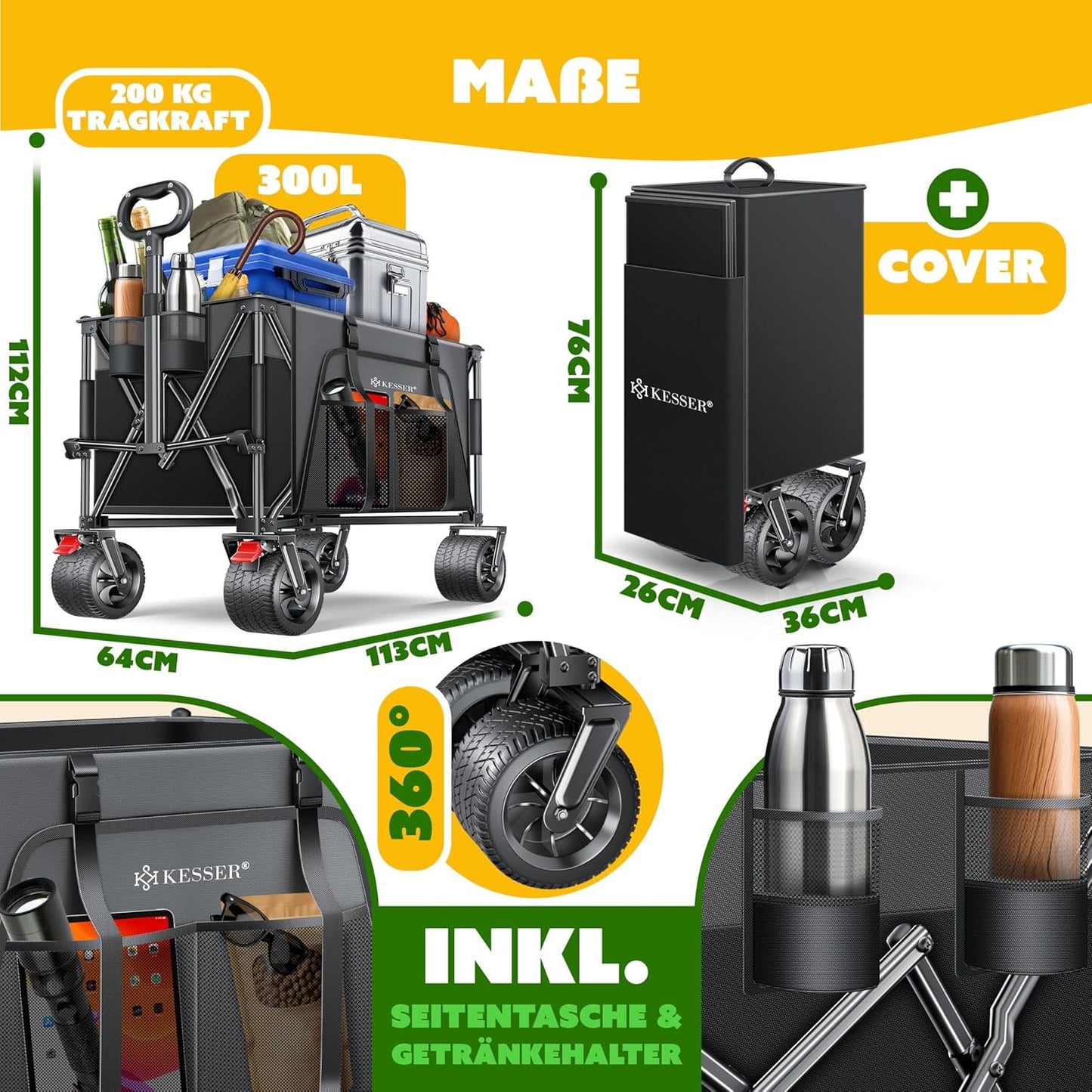 Chariot à main  plage pliable 200 kg  Espace de rangement 3 extra large à 360° freins de stationnement Etanche