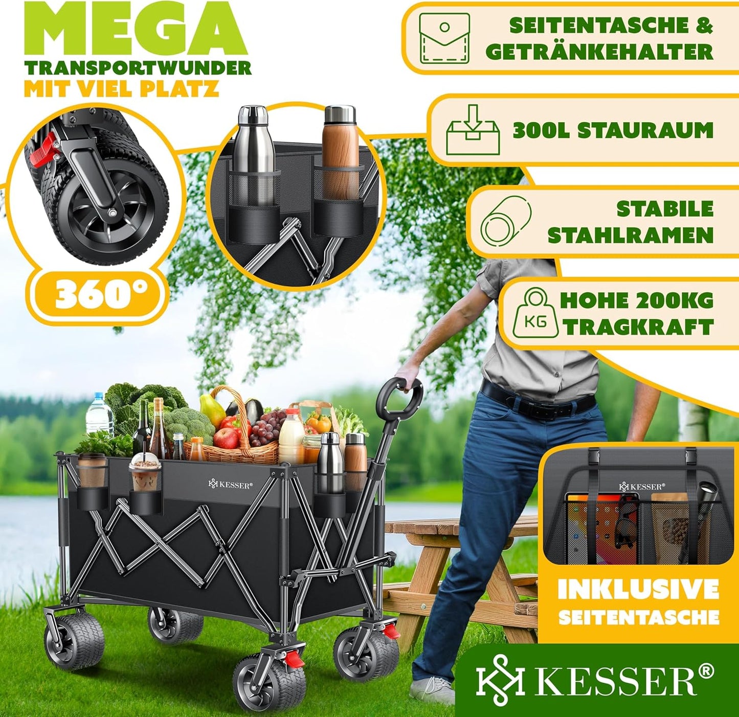 Chariot à main  plage pliable 200 kg  Espace de rangement 3 extra large à 360° freins de stationnement Etanche