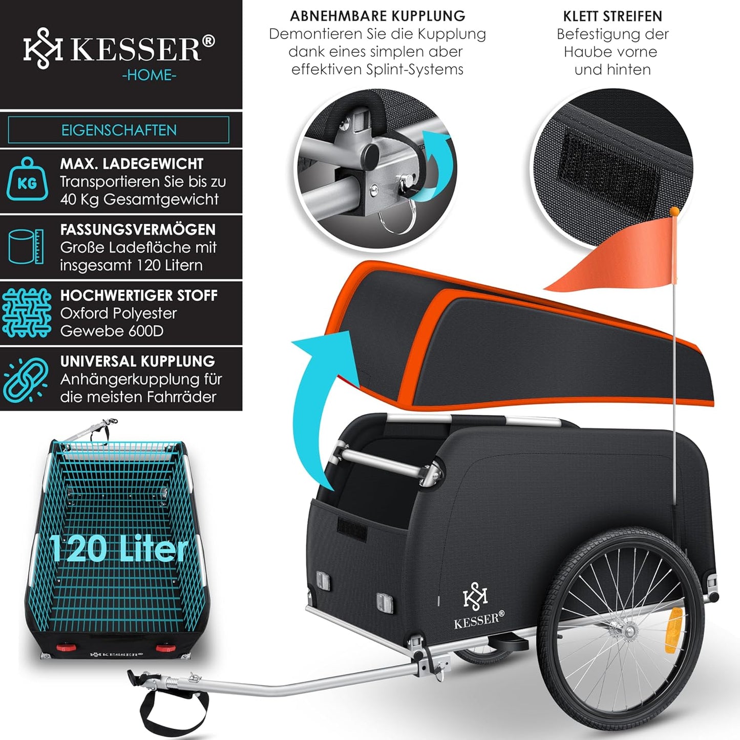 Remorque vélo Haut avec attelage Couvercle Inclus  120 litres Max. 40 kg