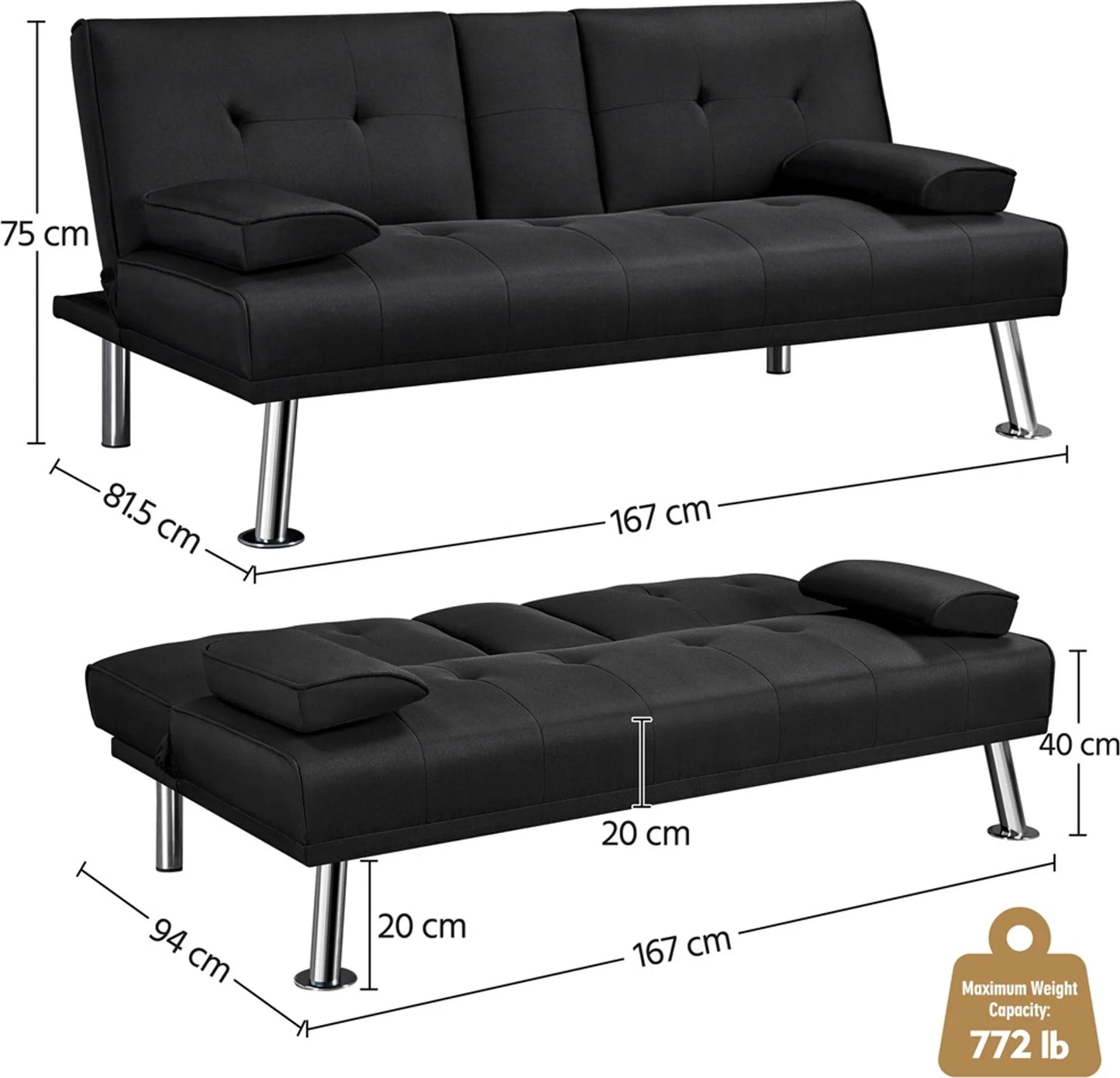 Canapé lit clic clac  noir, 3 places, réglage 3 angles, porte-gobelet  167x94 cm