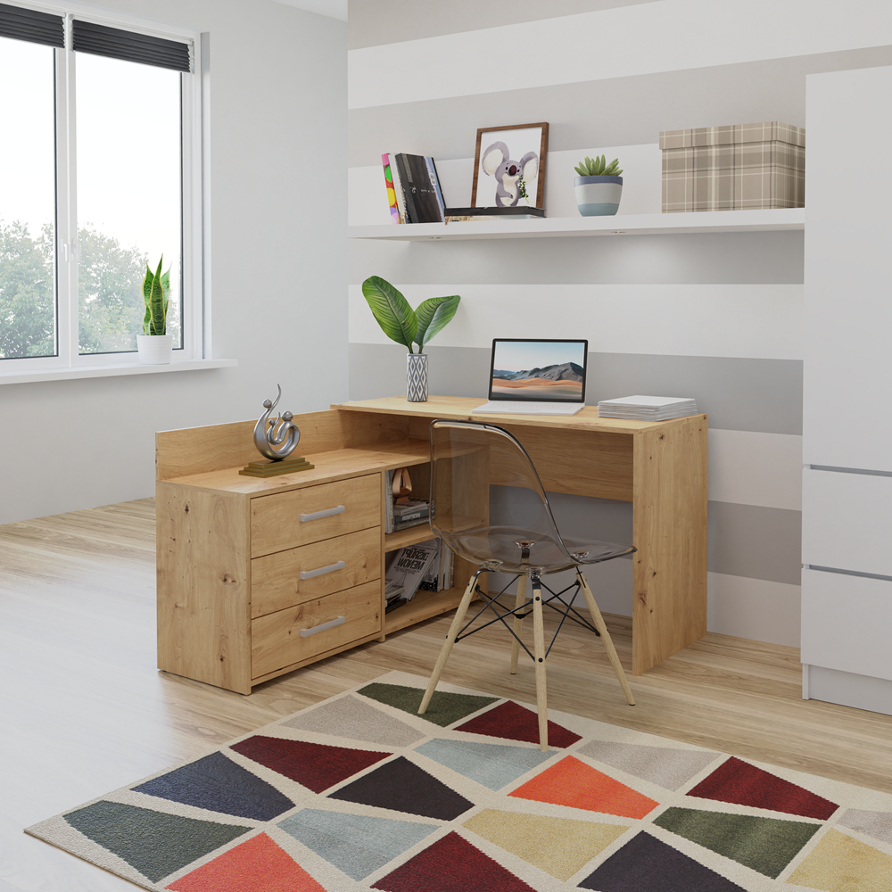 Bureau d'angle 3 tiroirs bois chêne 120x50x76 Cm