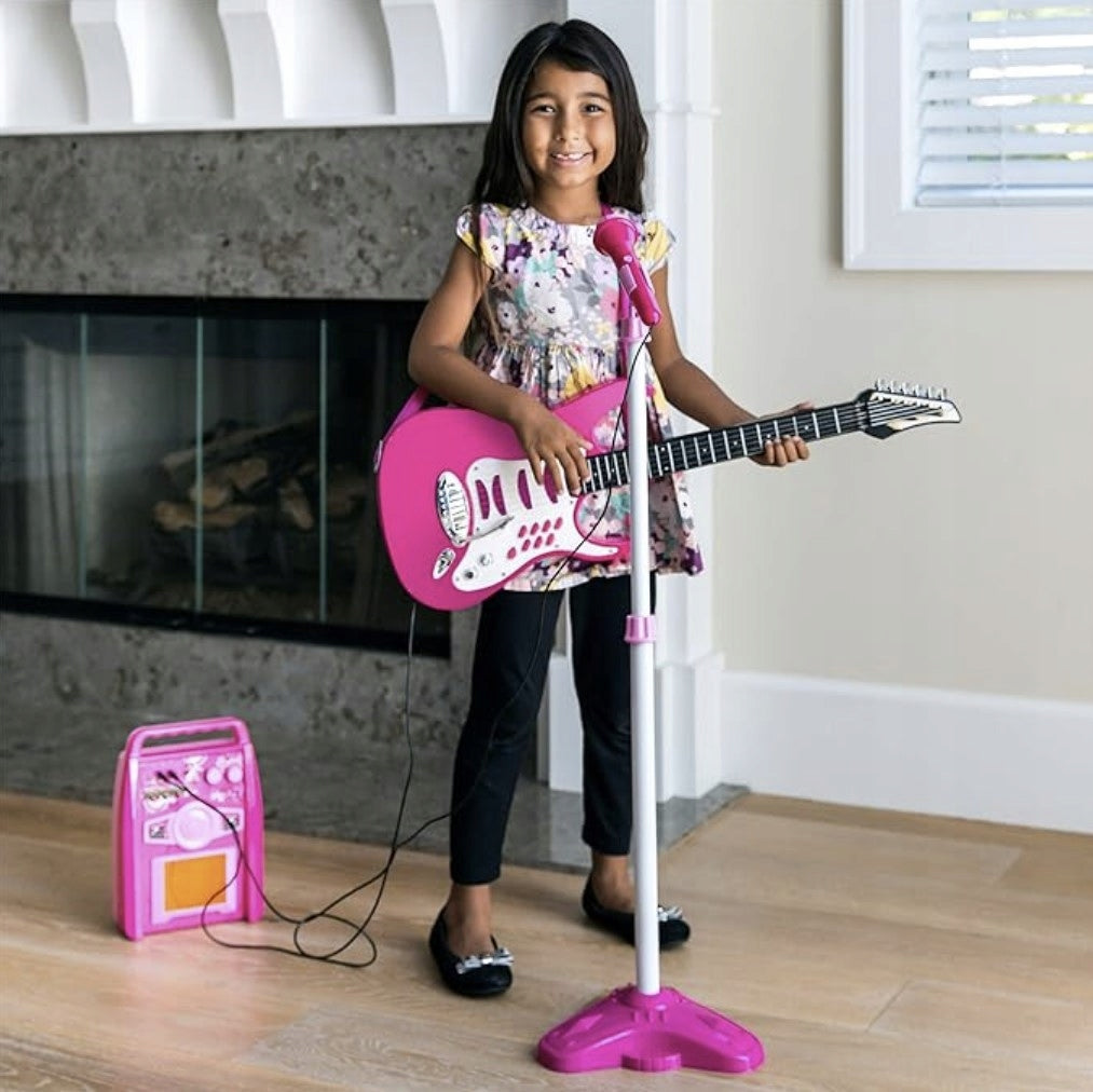 Pack Guitare électrique enfant + microphone + amplificateur Rose