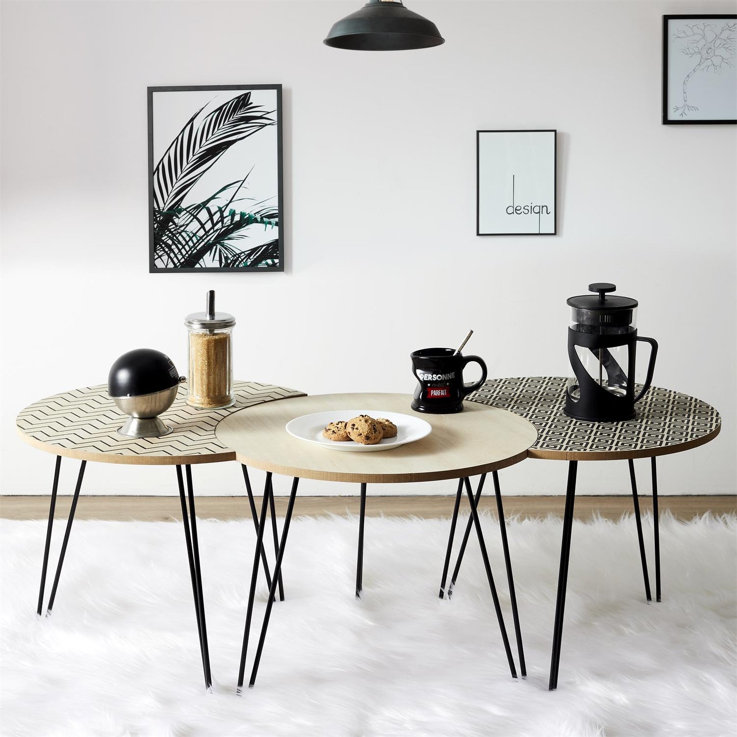 Trio De Tables Gigognes - Beige Et Noire - H. 36cm