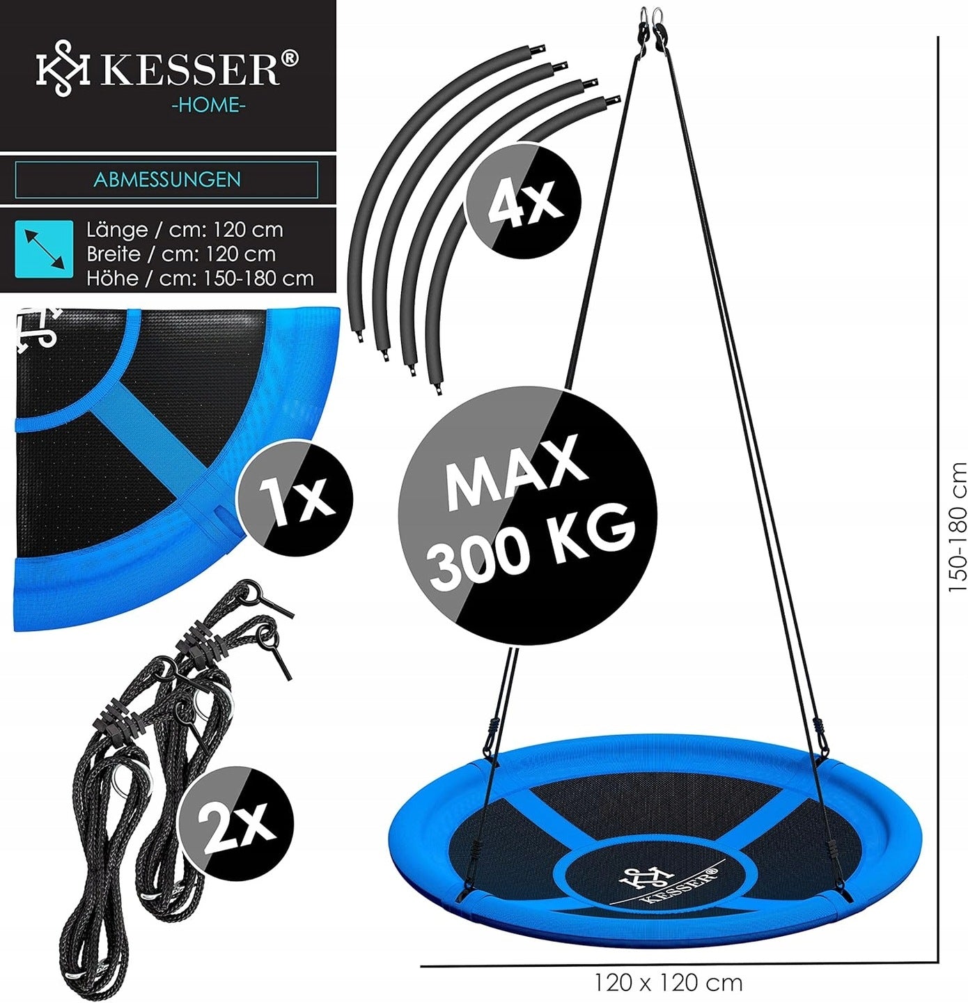 Balançoire nid d'oiseau réglable pour enfants et adultes Bleu