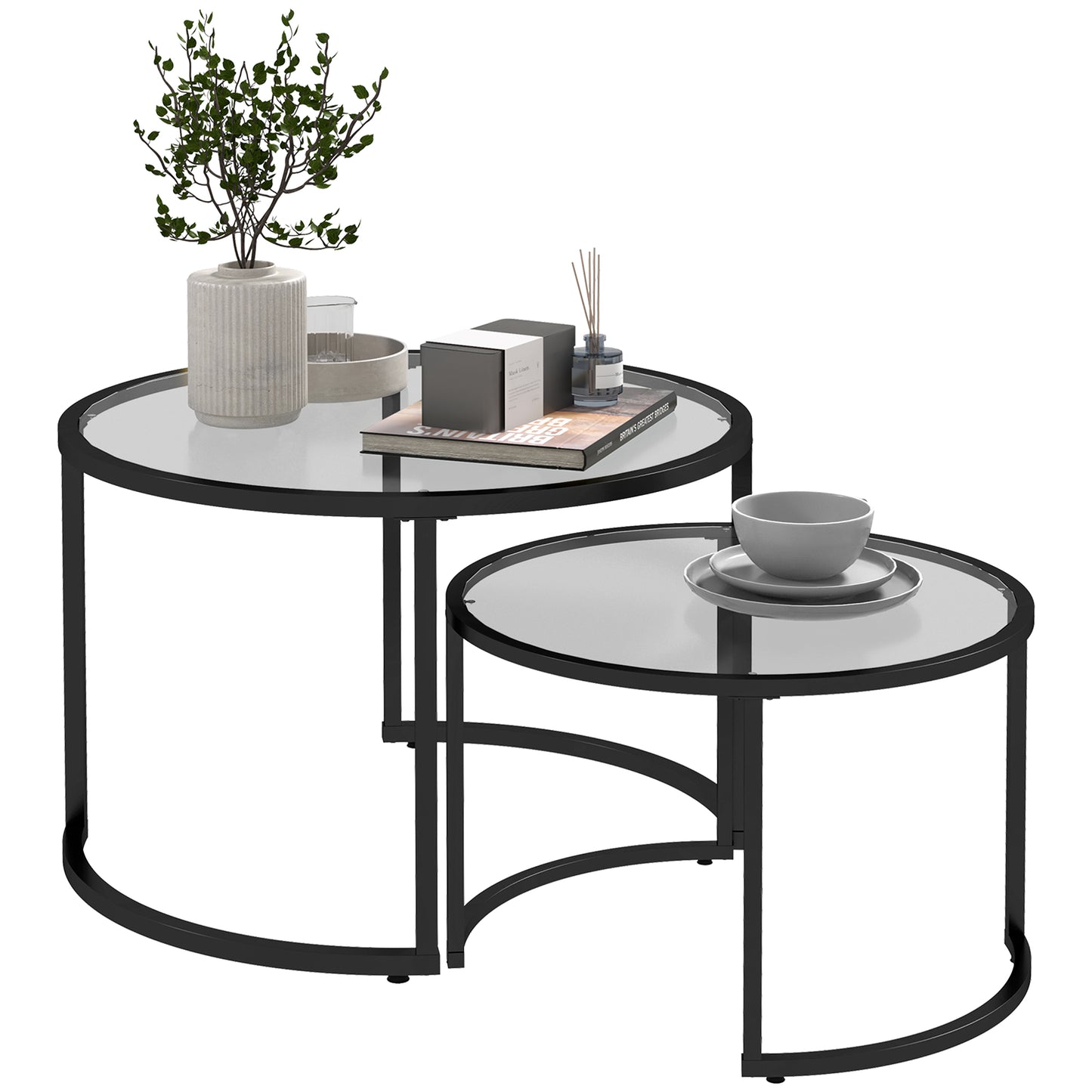 Lot de 2 Tables Basses gigognes Rondes 70/54 cm Plateau Verre trempé et Pied en Acier au Carbone Design Moderne Noir