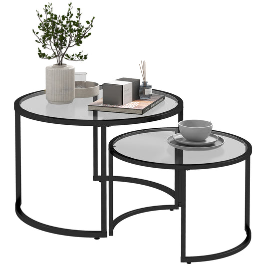 Lot de 2 Tables Basses gigognes Rondes 70/54 cm Plateau Verre trempé et Pied en Acier au Carbone Design Moderne Noir
