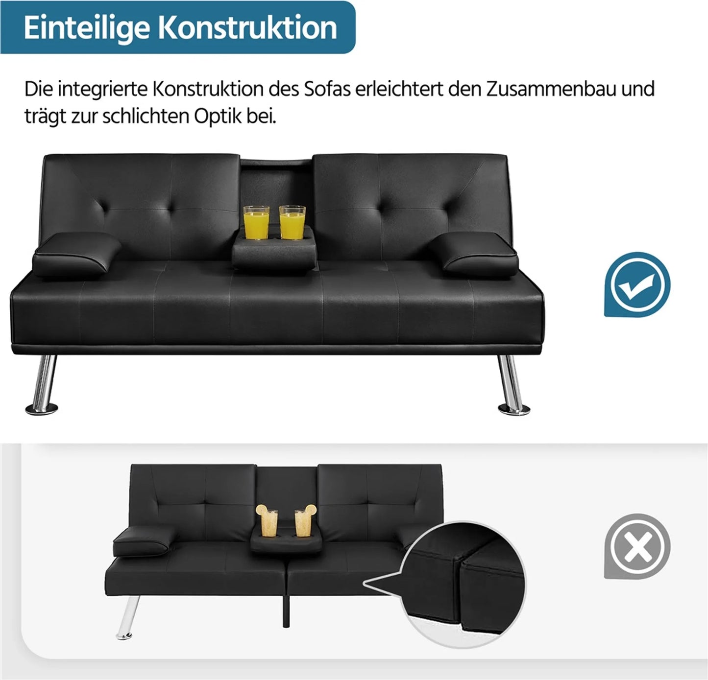 Canapé convertible 3 places avec porte-gobelet  167 x 81,5 x 75 cm simili cuir noir