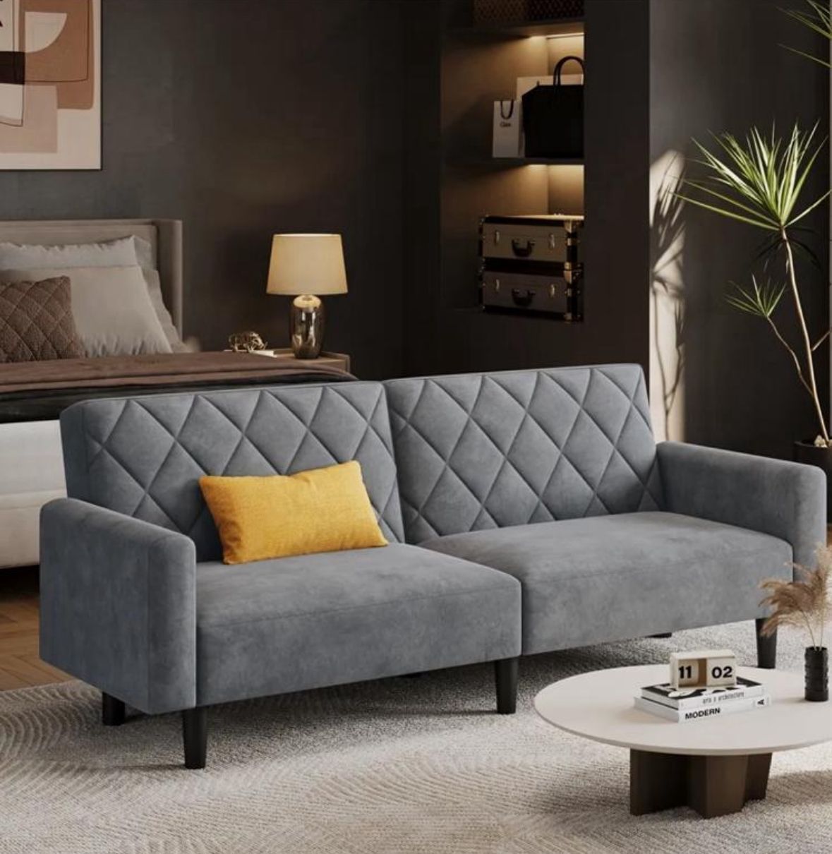 Canapé Droit Convertible En Tissu Canapé-lit Avec Dossier Inclinable Et Accoudoirs, Gris Foncé